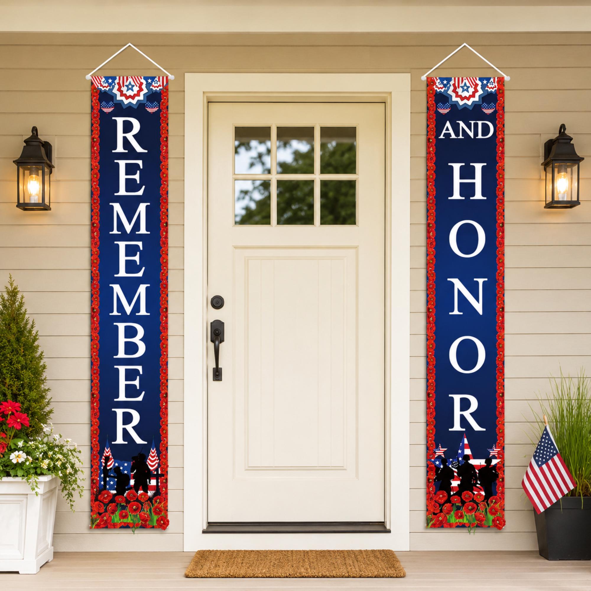 Remember Honor Memorial Day Porch Banners, Patriotic Poppies Door Signs
