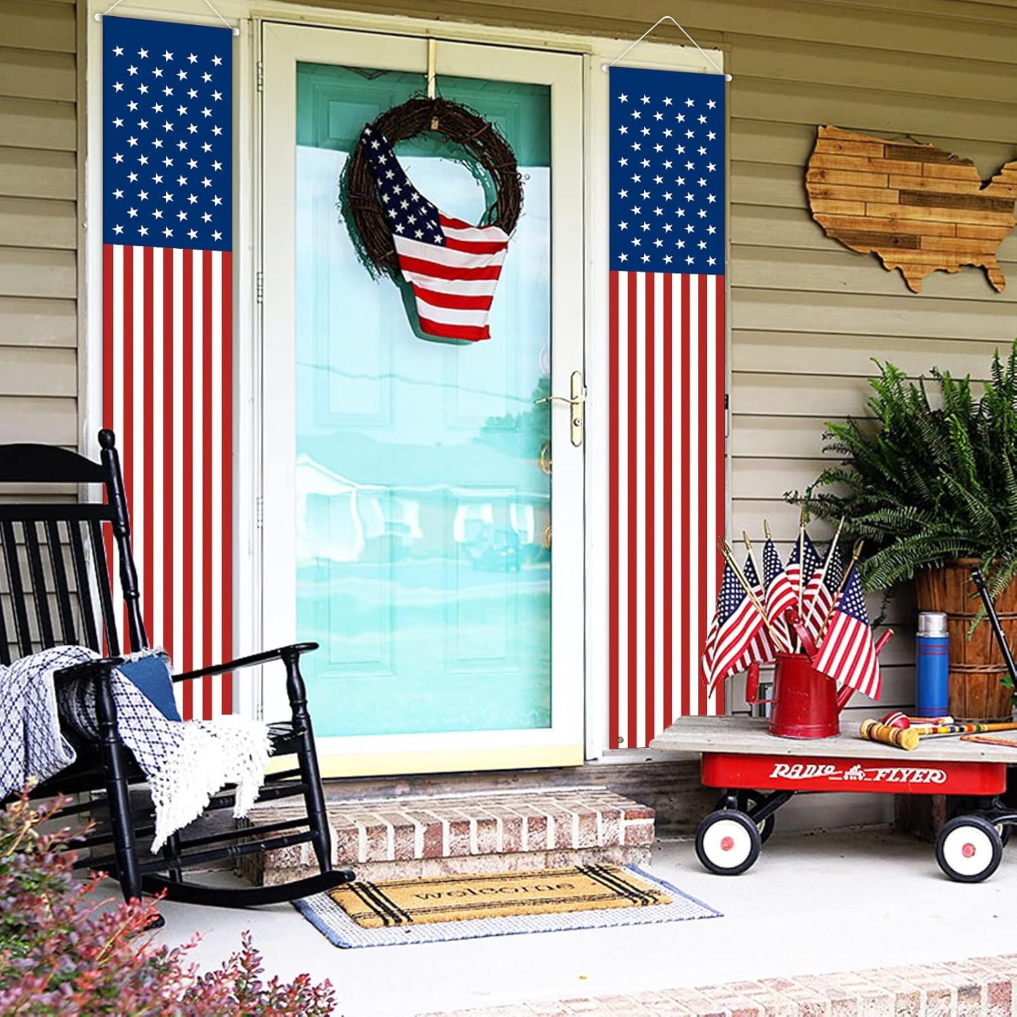 Patriotic American Flag Door Banner: Memorial Day, 4th July Porch Decor
