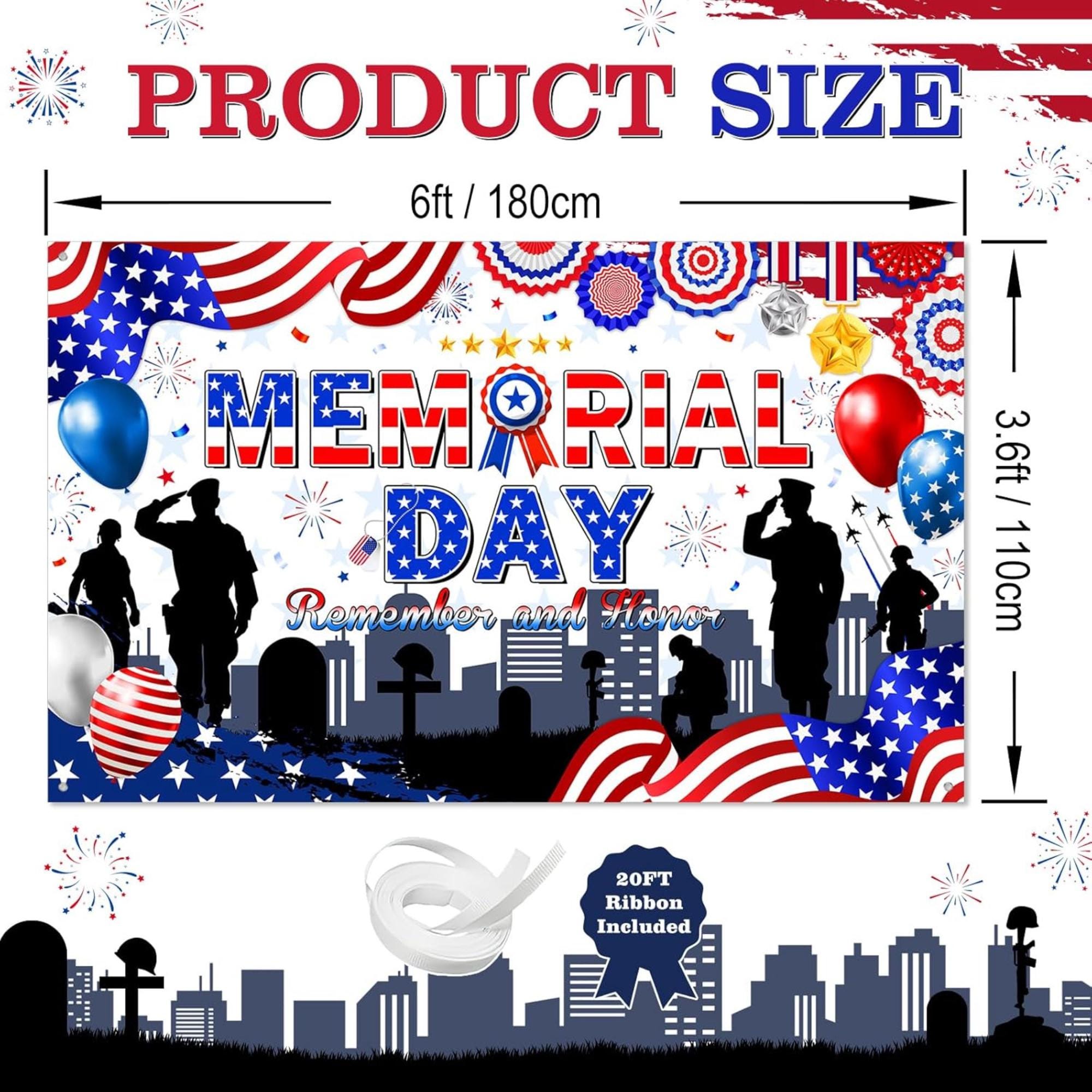 Memorial Day Remember Honor Banner: Patriotic Red White Blue Party Backdrop