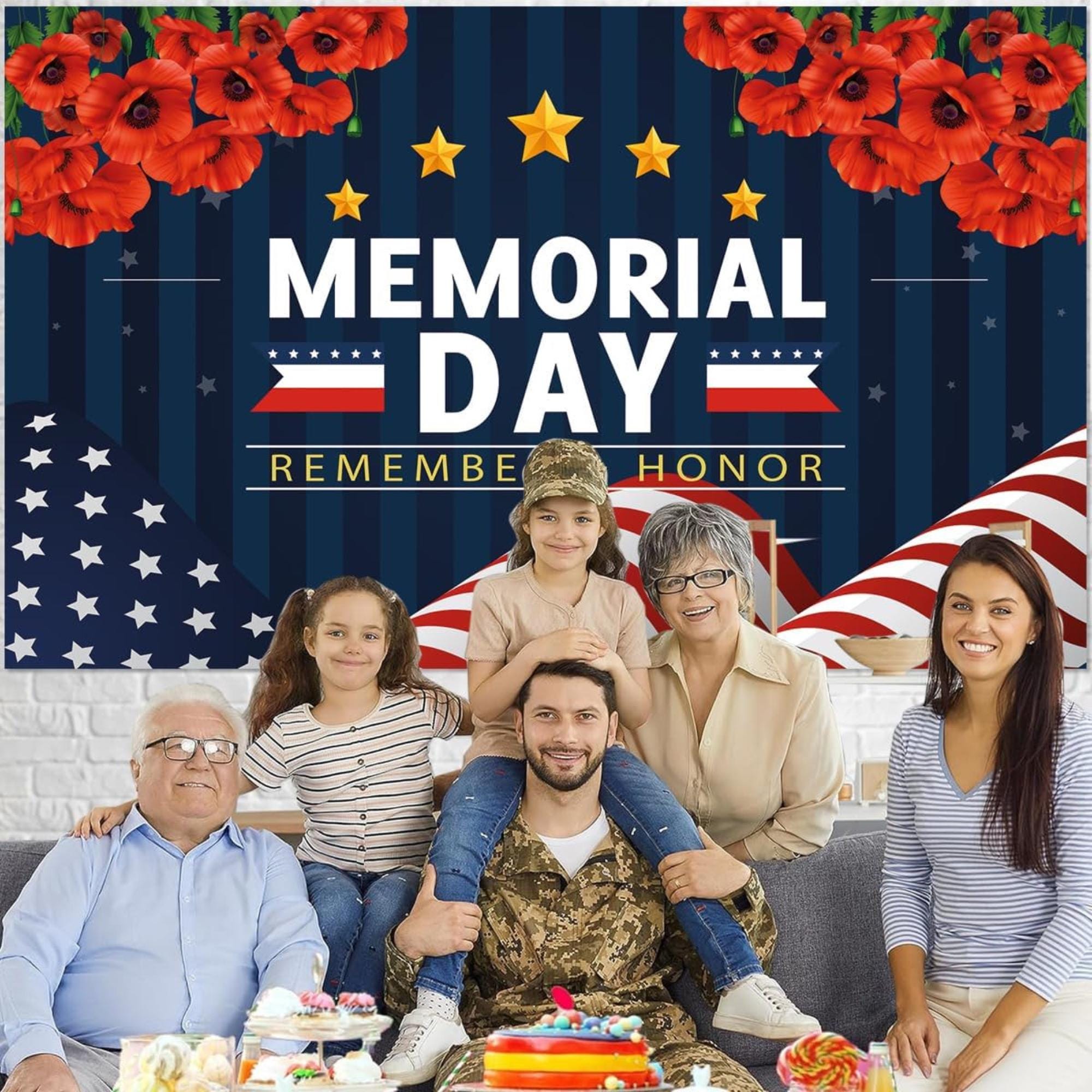 Memorial Day Remember Honor Banner: Patriotic Photography Backdrop, 4th July Party Decor