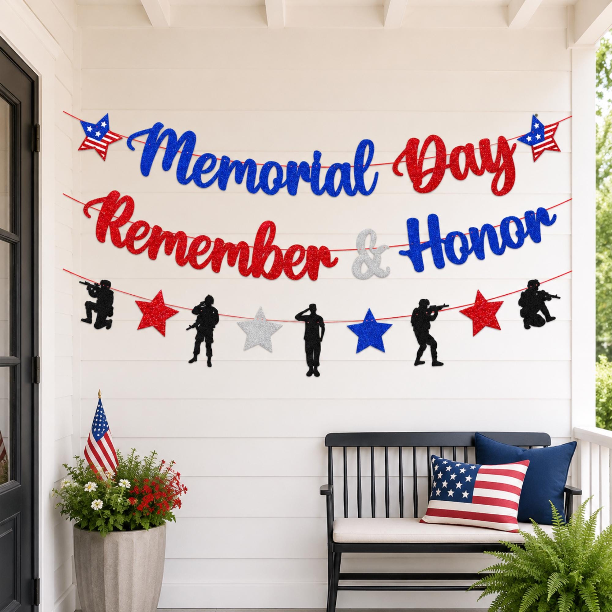 Glitter Memorial Day Banner: Red, Blue, Silver Patriotic Military Theme