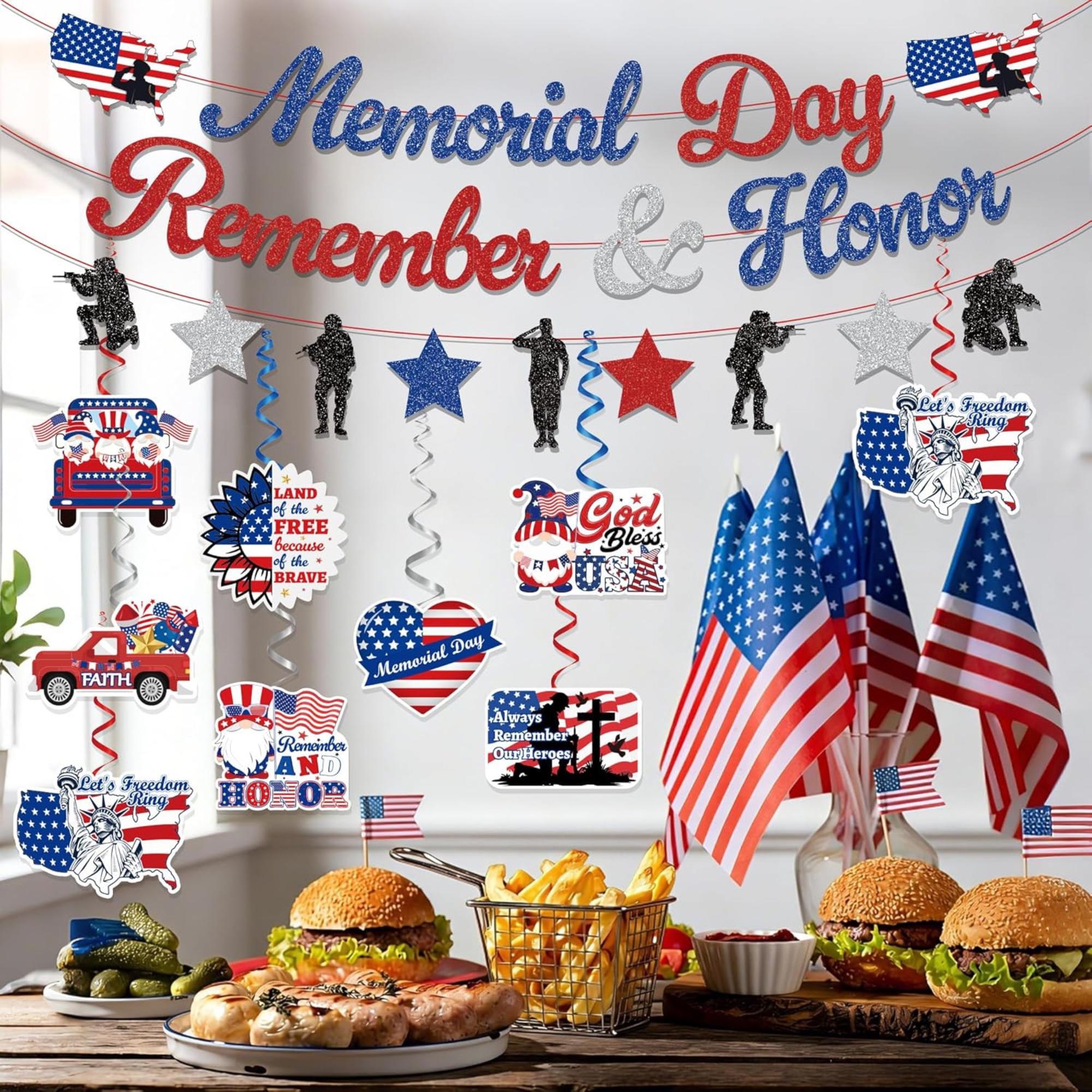 Memorial Day Glitter Banner, Patriotic Hanging Swirls, Remember Honor Decorations