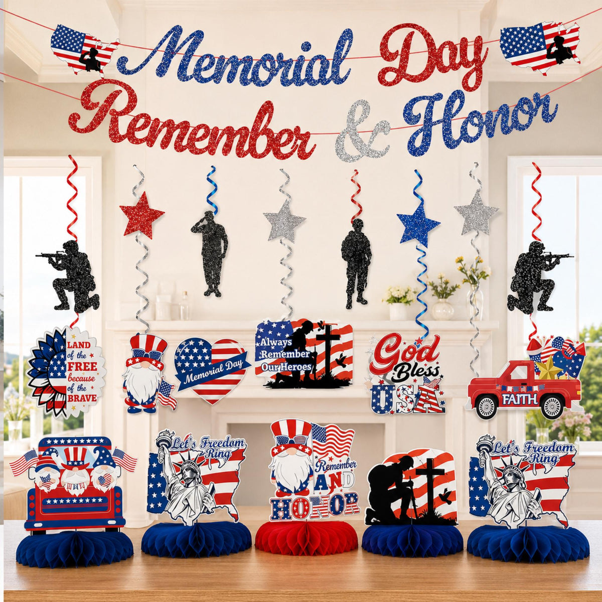 Memorial Day Glitter Banner, Patriotic Hanging Swirls, Remember Honor Decorations