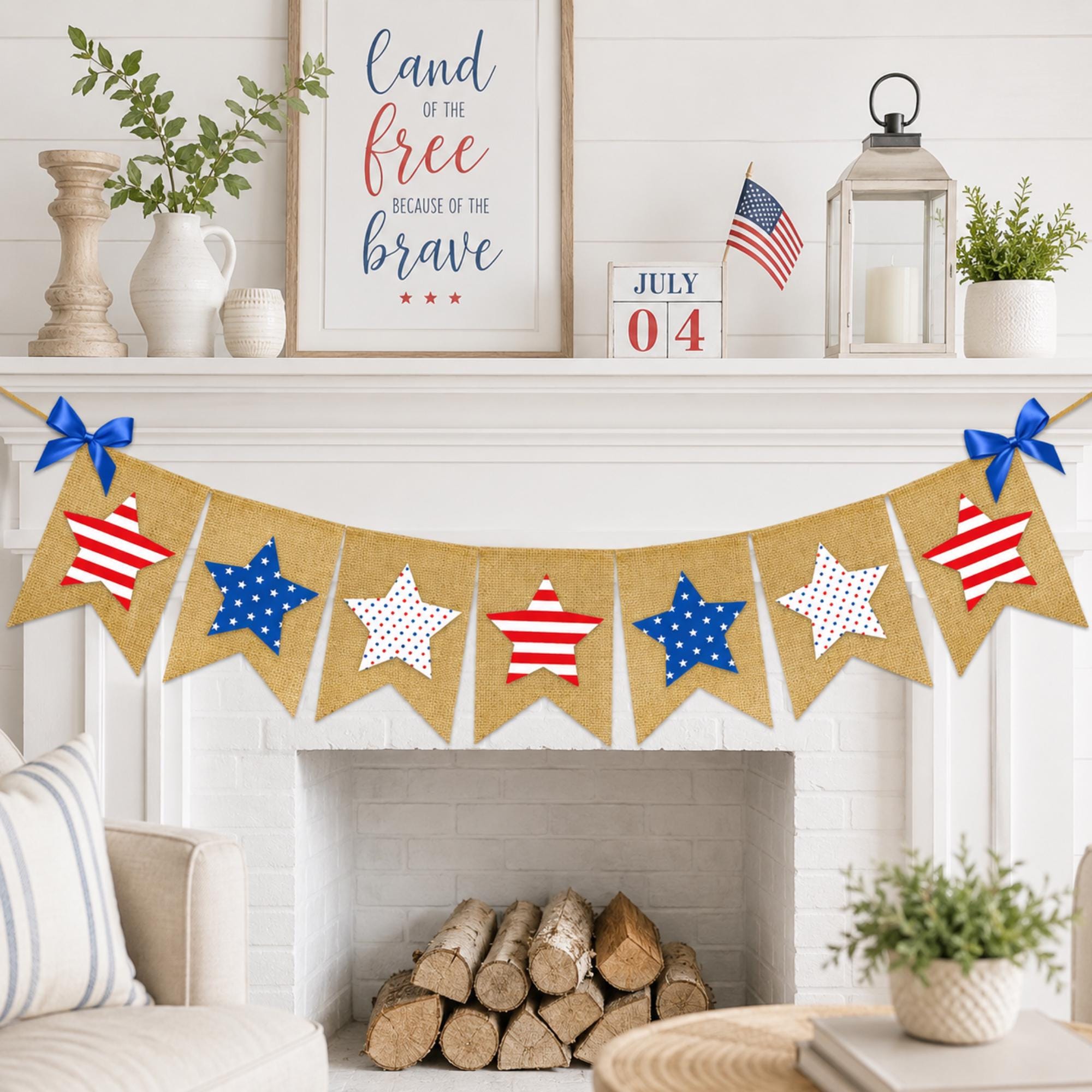 Patriotic Burlap Banner: Red White Blue Stars Garland for 4th of July Parties