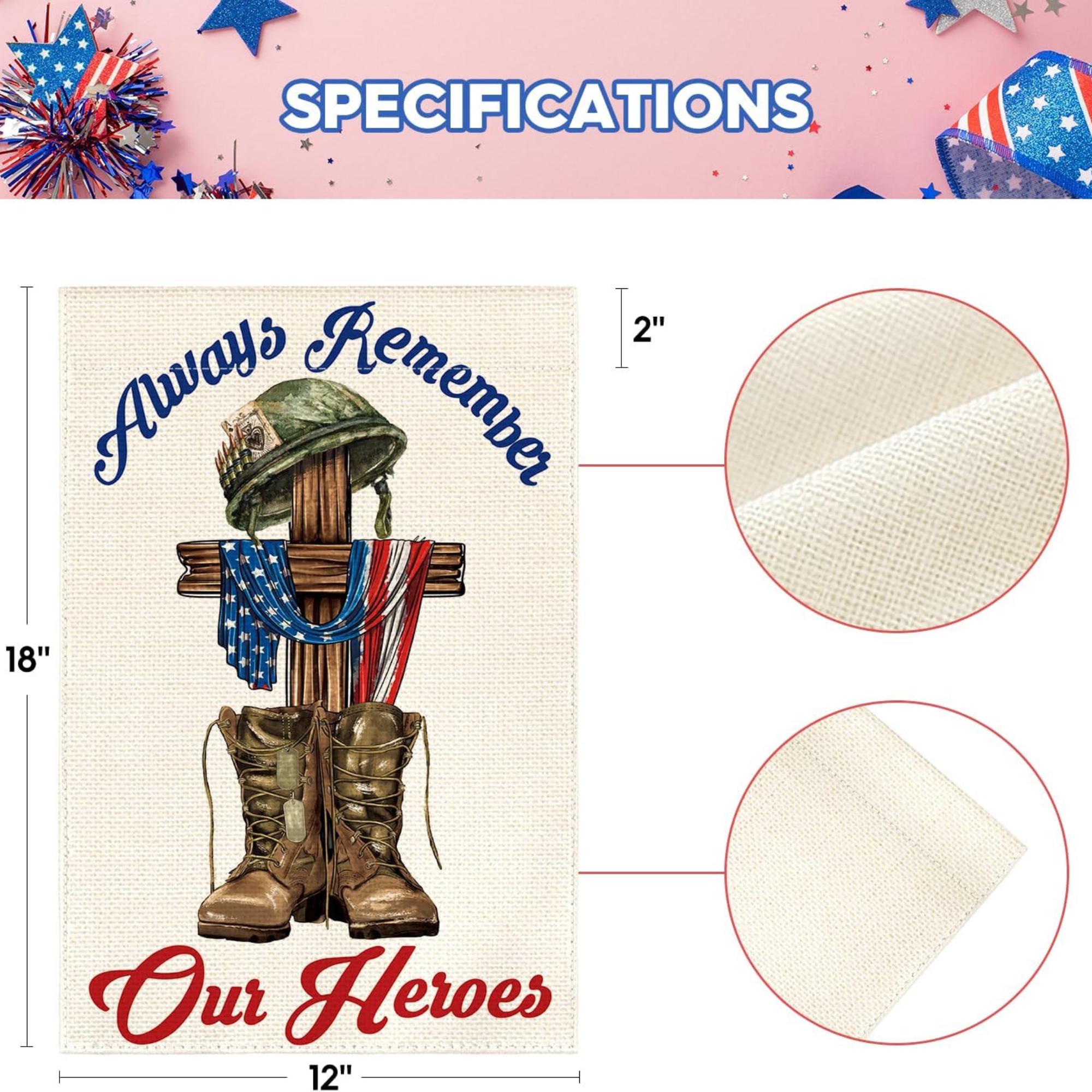 Always Remember Our Heroes Garden Flag Patriotic Veteran Yard Decoration Memorial Day Outdoor Flag