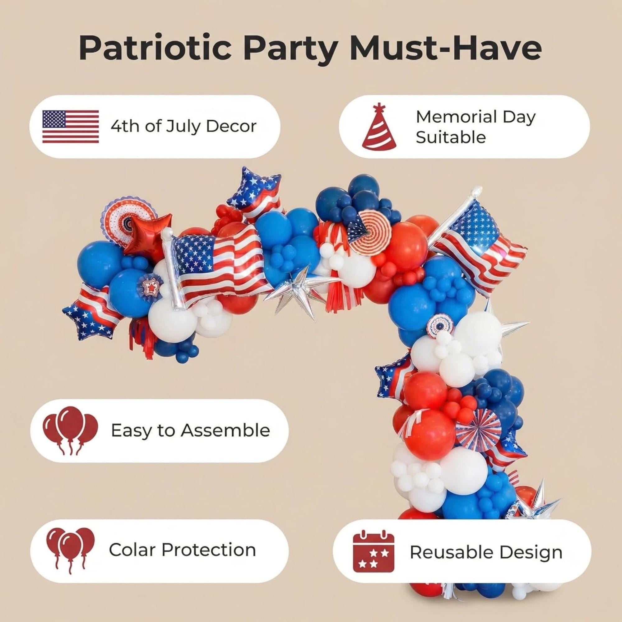 Patriotic Balloon Garland Arch Kit Red White Blue 4th Of July Memorial Day Decor
