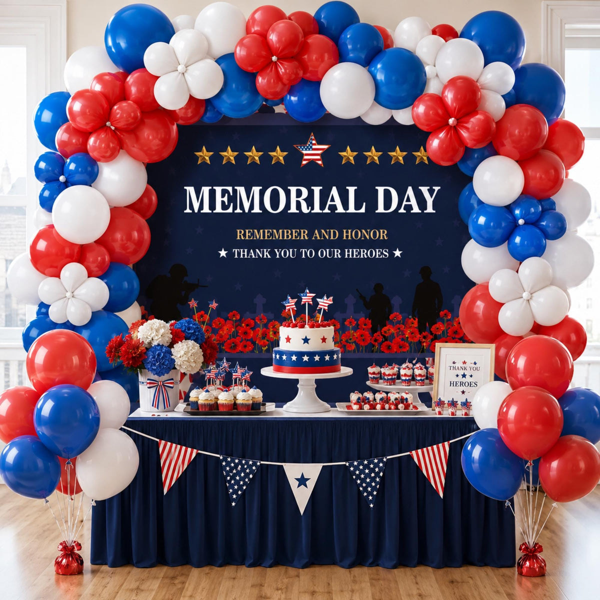 Memorial Day Party Decoration Kit Patriotic Balloon Arch Backdrop Tablecloth Set