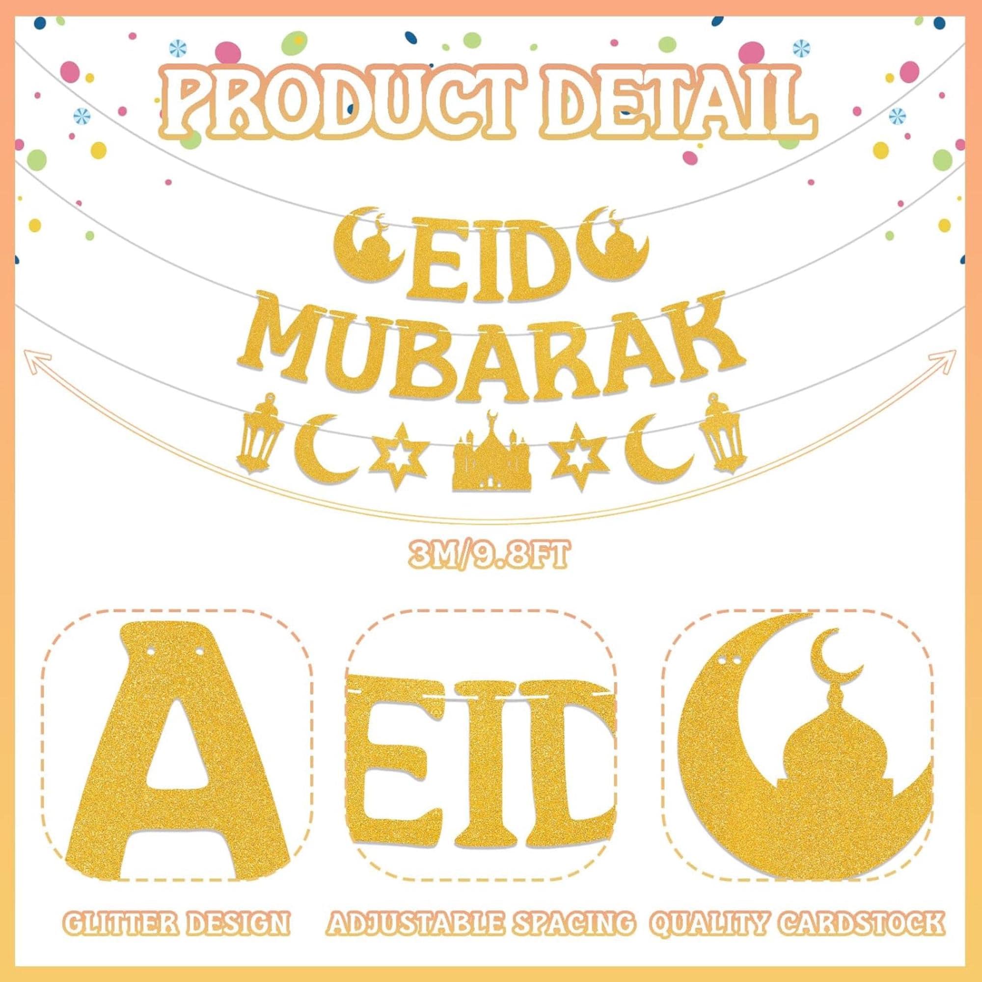 Gold Glitter Eid Mubarak Banner Garland Islamic Eid ul Adha Party Decorations