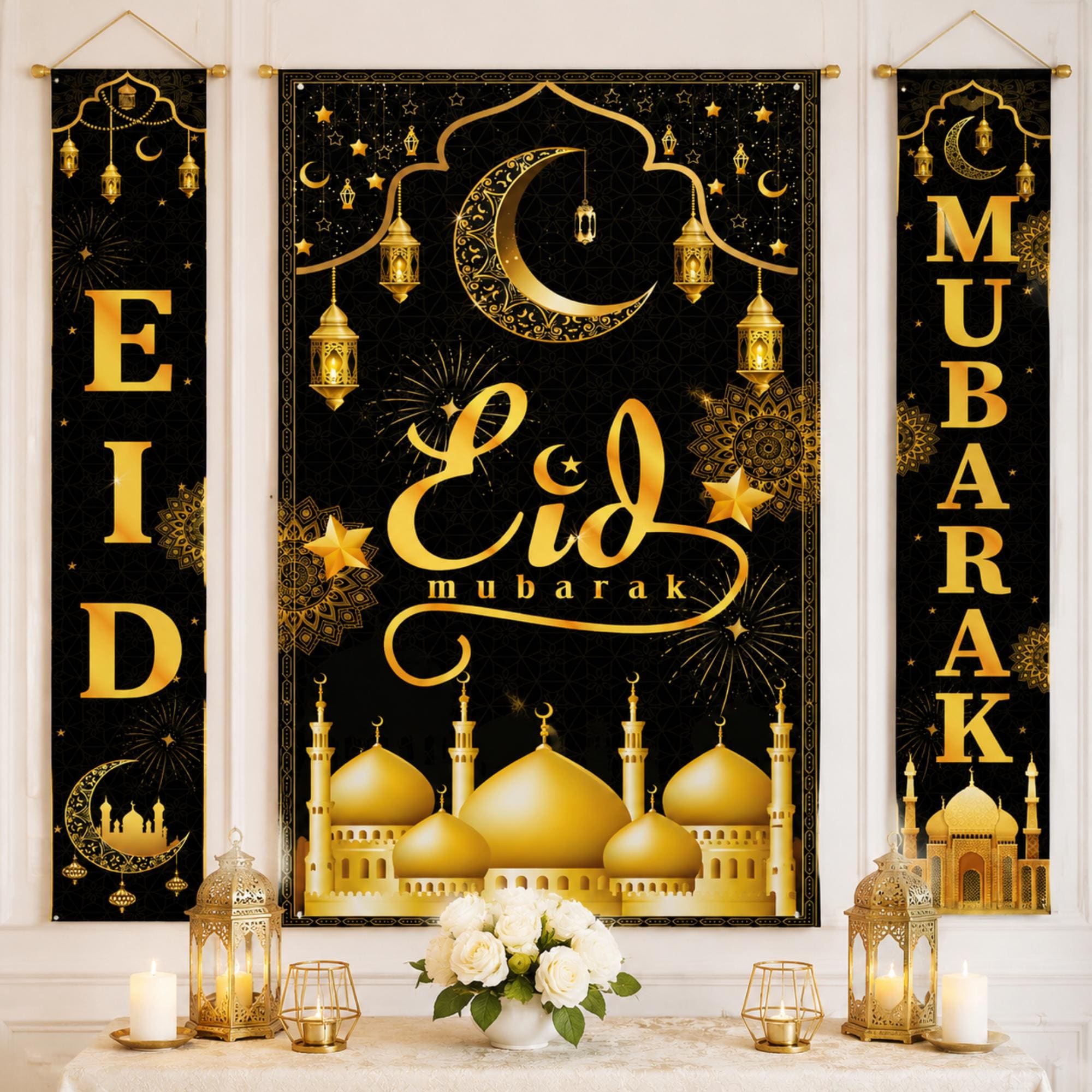 Eid Mubarak Banner Backdrop Porch Sign Islamic Party Decorations Set