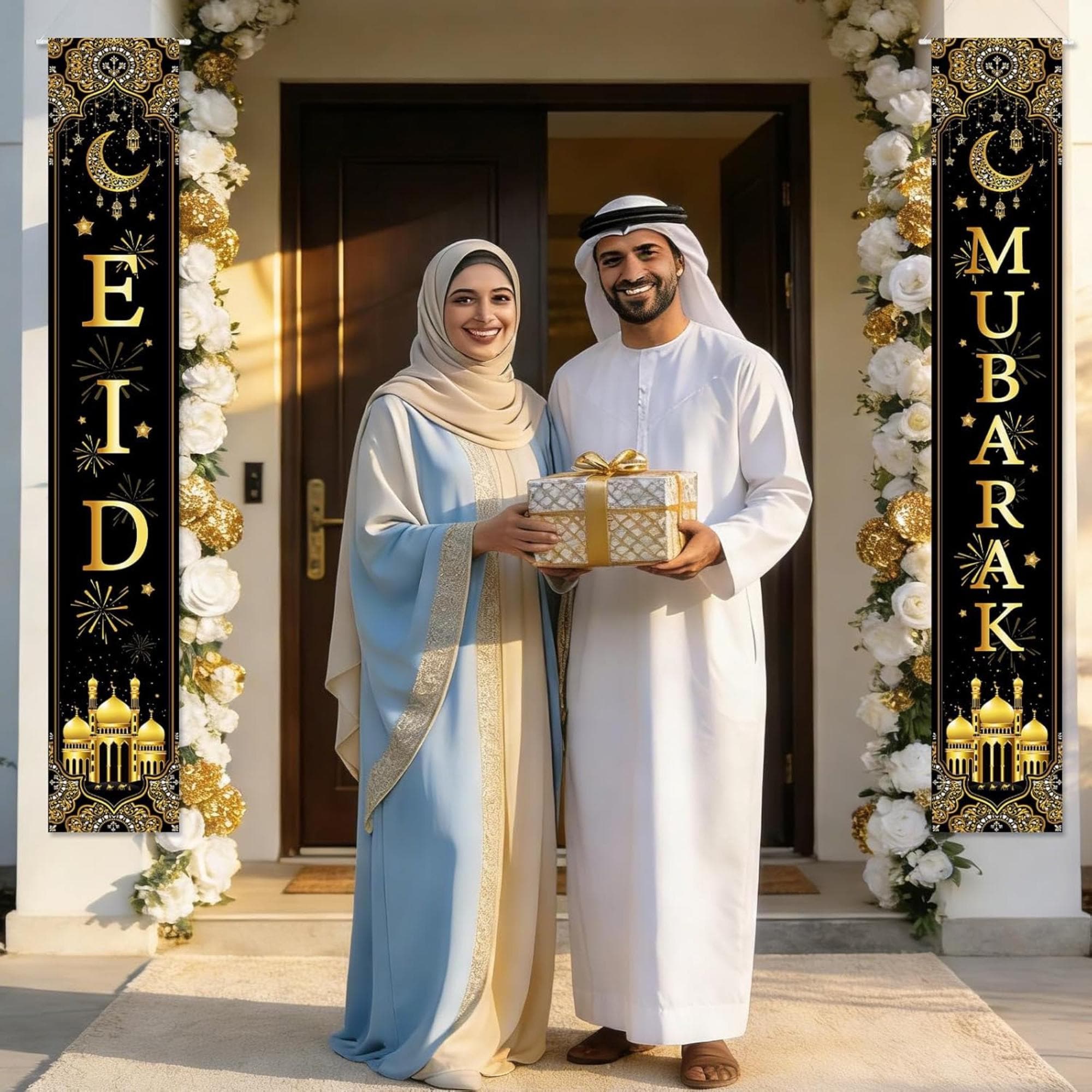Black Gold Eid Mubarak Porch Sign Banner Islamic Home Party Decorations