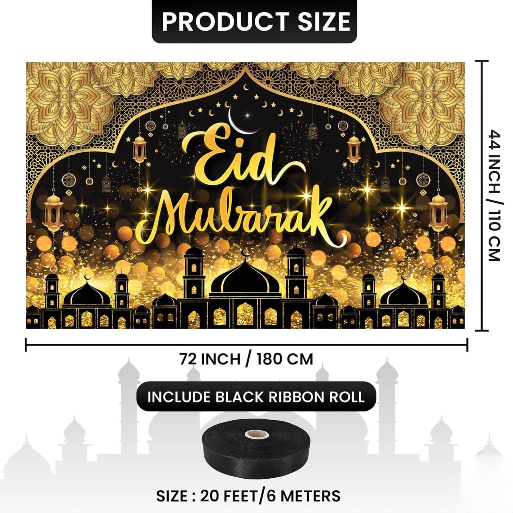 Black Gold Eid Mubarak Banner Backdrop Islamic Party Home Decorations