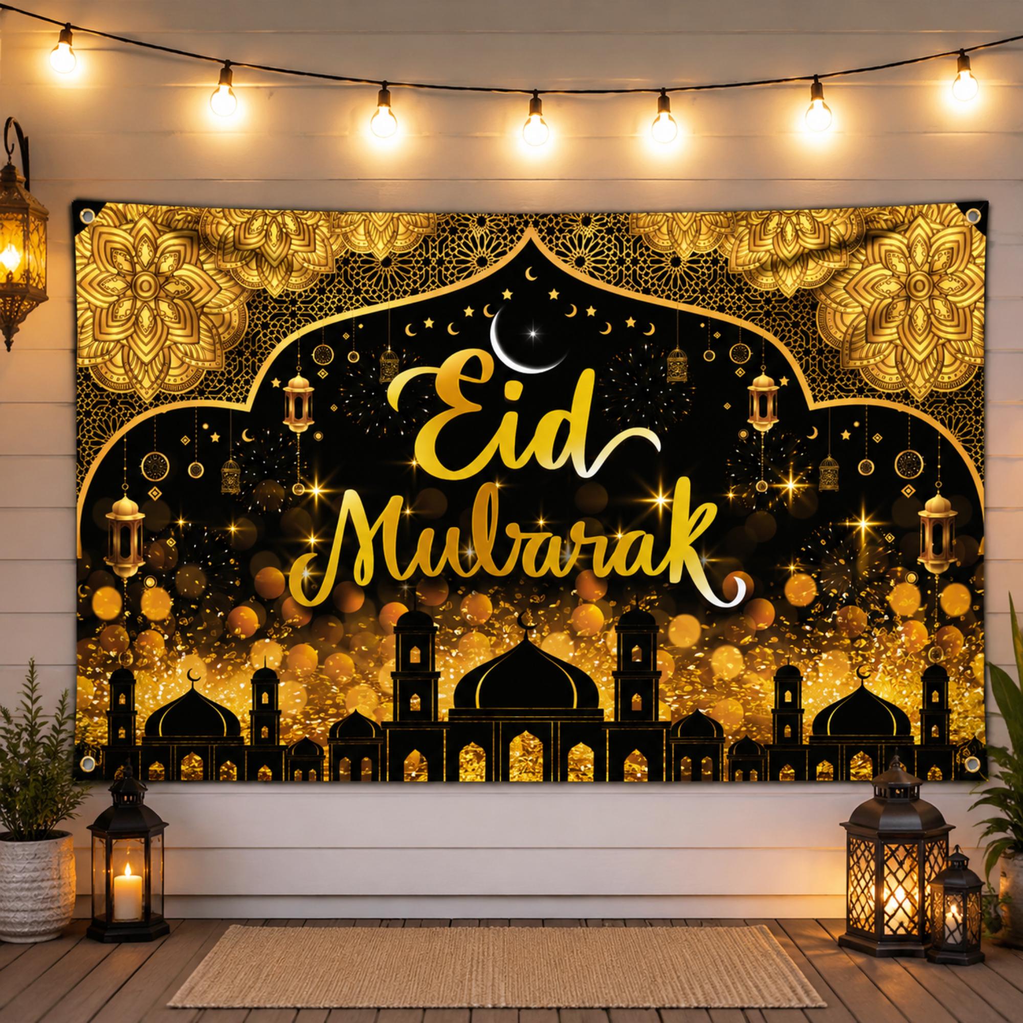 Black Gold Eid Mubarak Banner Backdrop Islamic Party Home Decorations