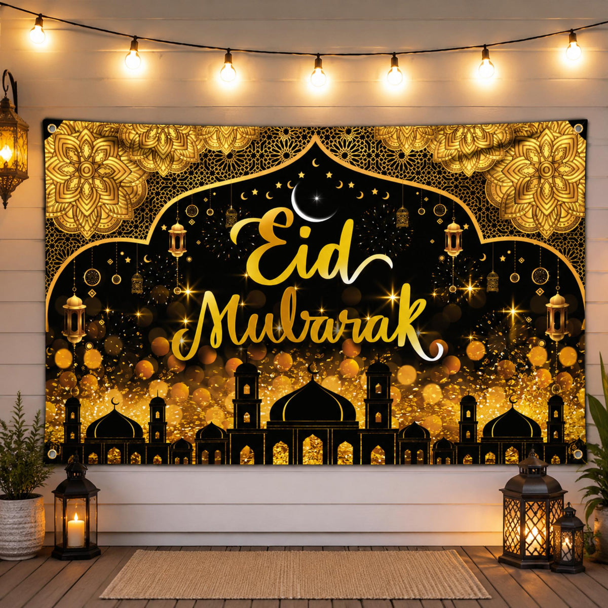Black Gold Eid Mubarak Banner Backdrop Islamic Party Home Decorations