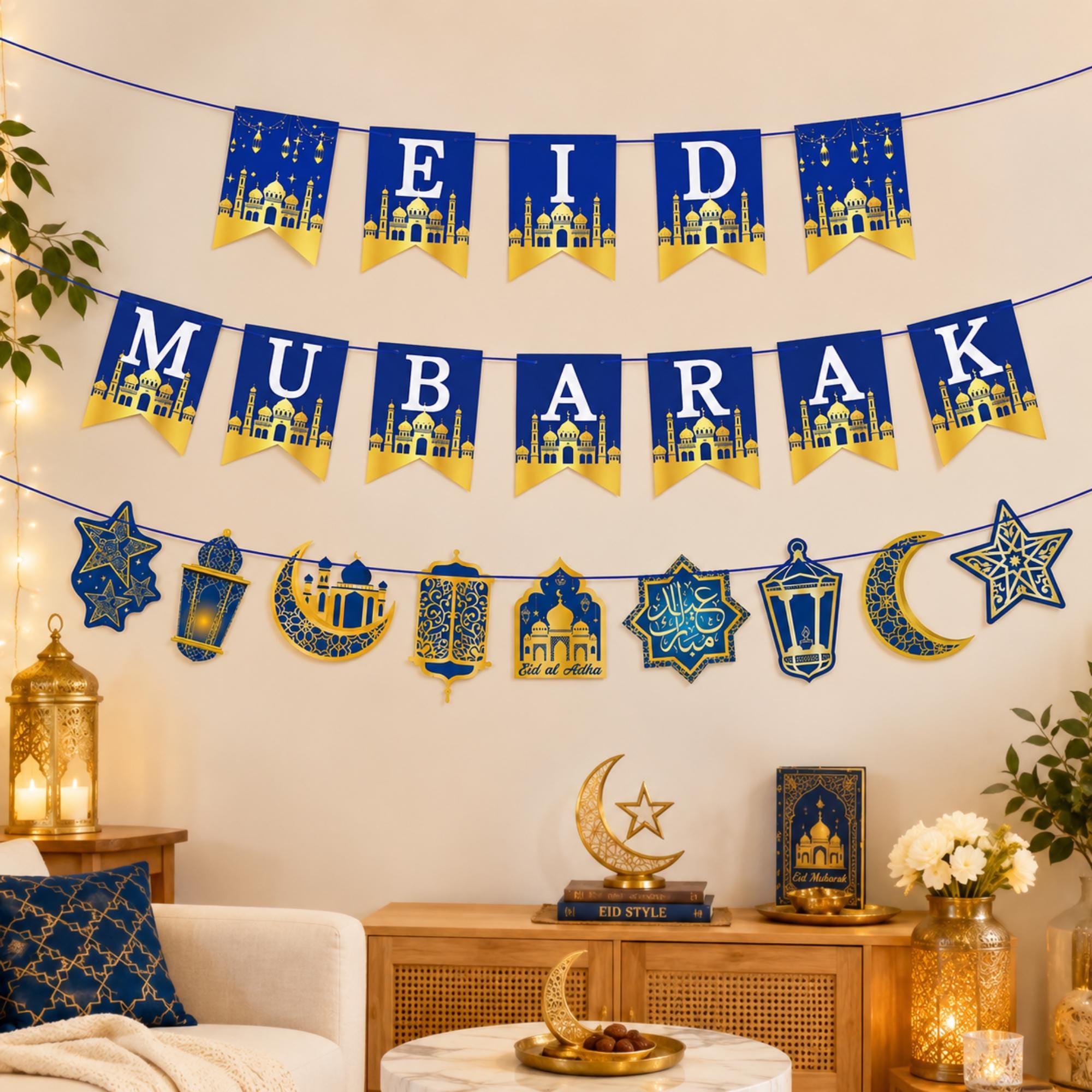 Eid Mubarak Bunting Banner Moon Star Garland Islamic Party Decorations