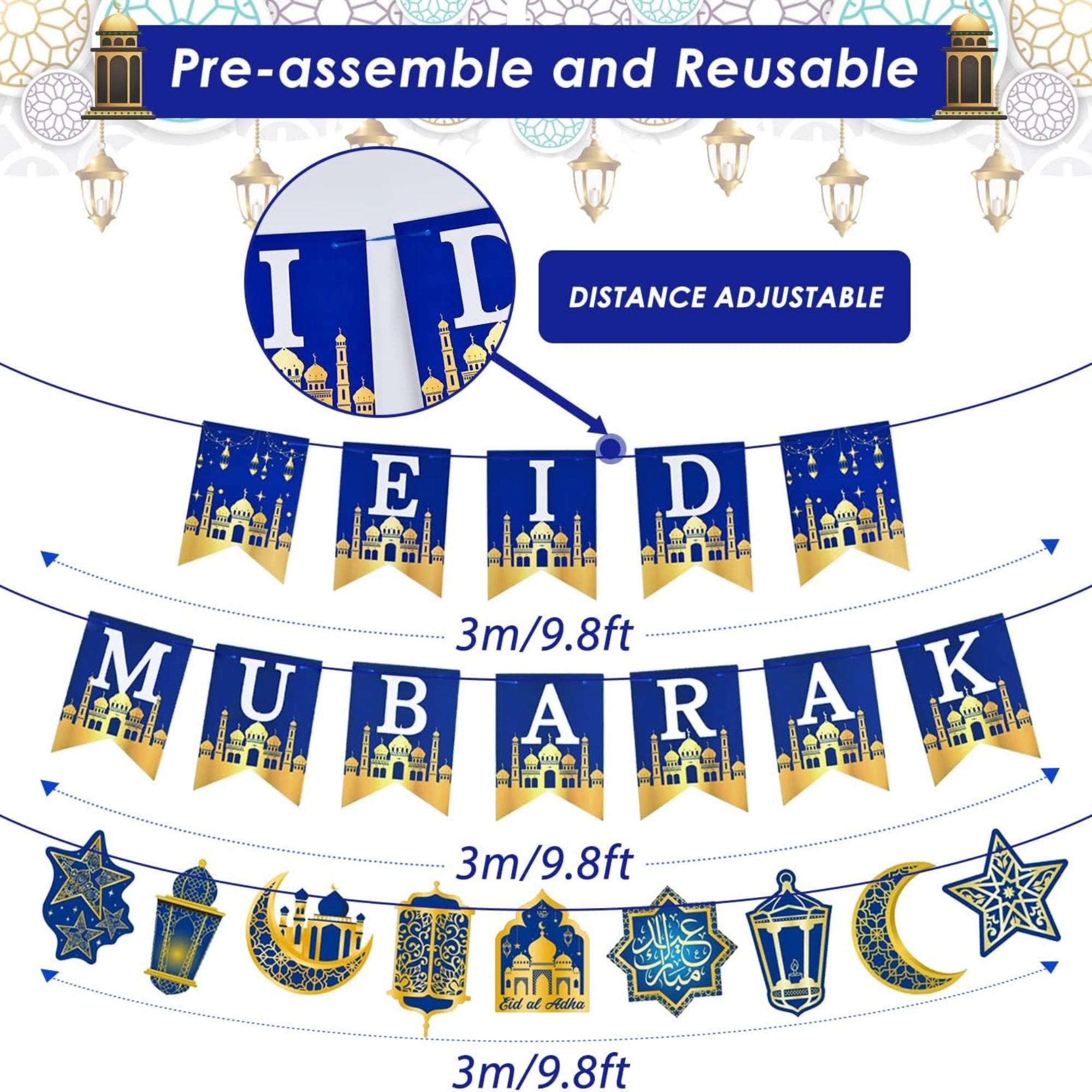 Eid Mubarak Bunting Banner Moon Star Garland Islamic Party Decorations