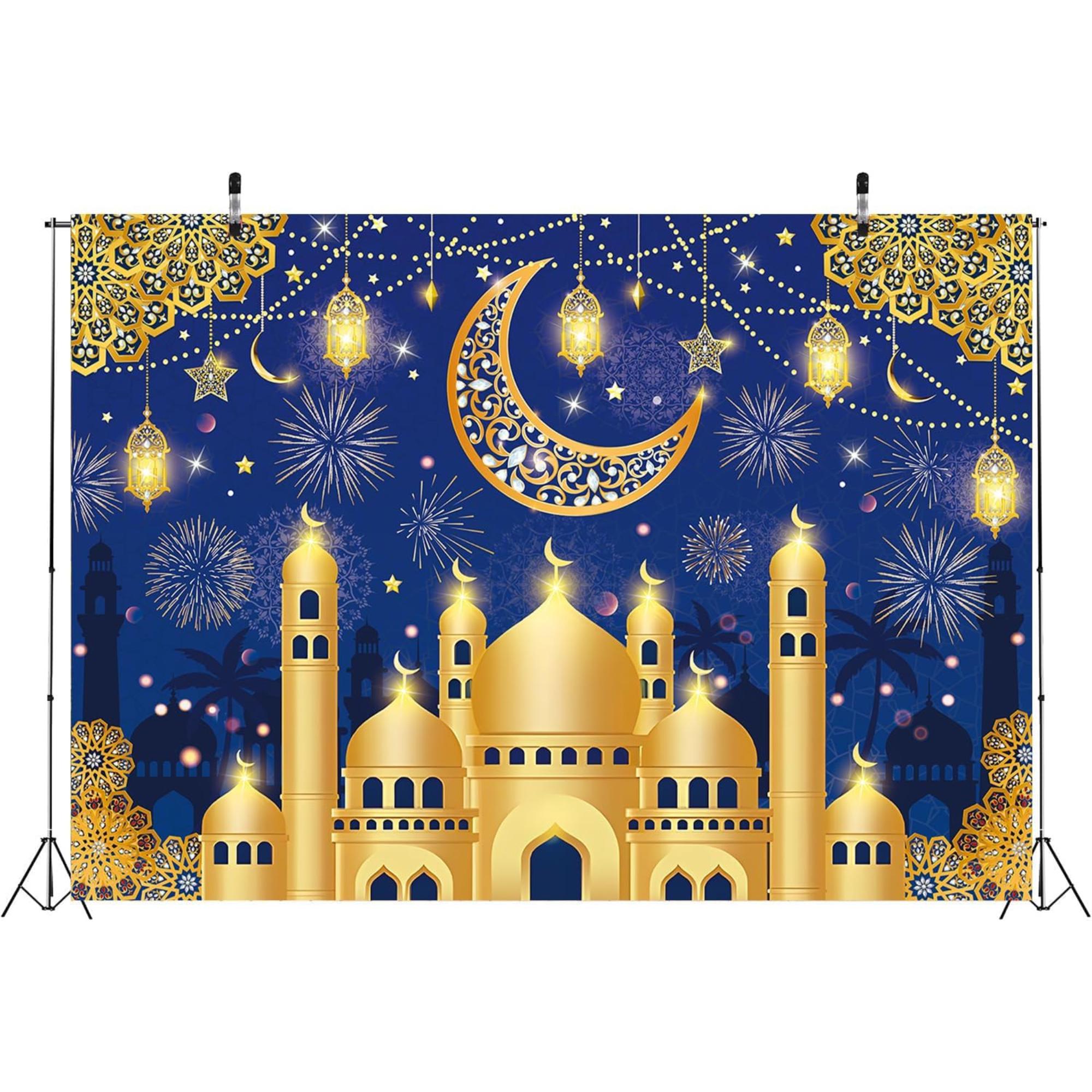 Blue Gold Eid Mubarak Banner Backdrop Islamic Party Decorations
