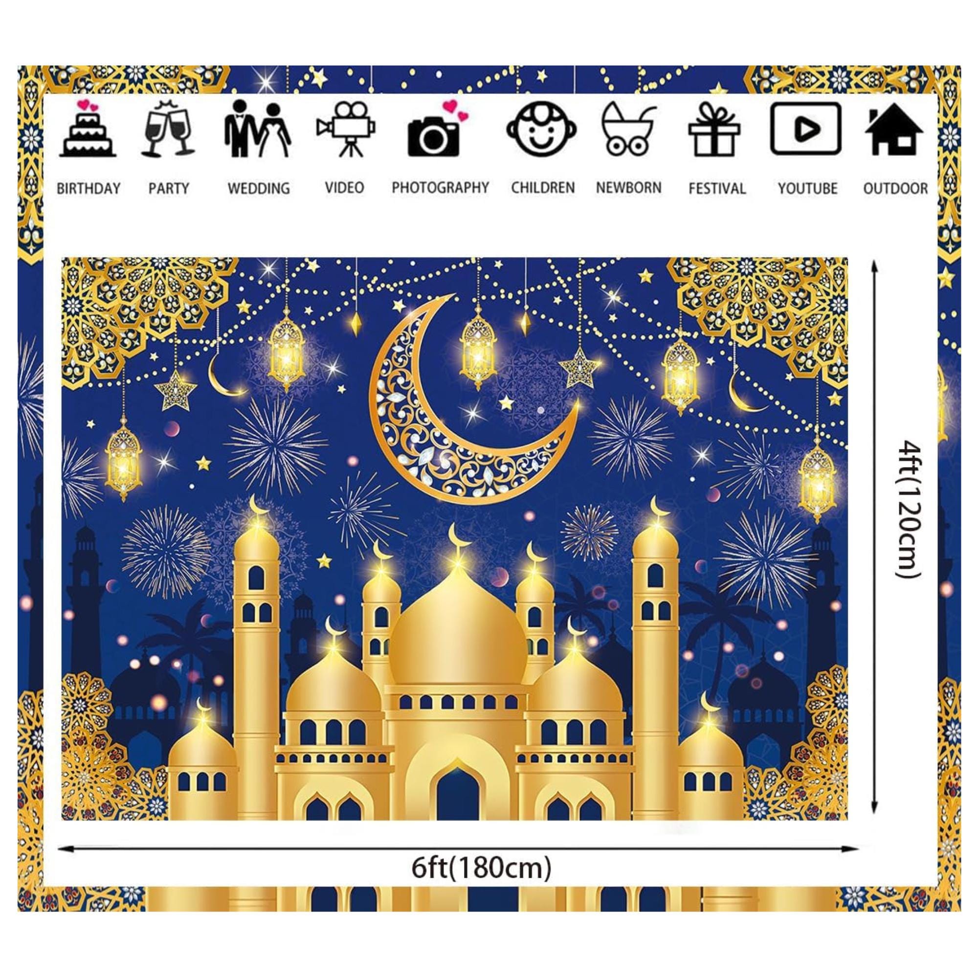 Blue Gold Eid Mubarak Banner Backdrop Islamic Party Decorations
