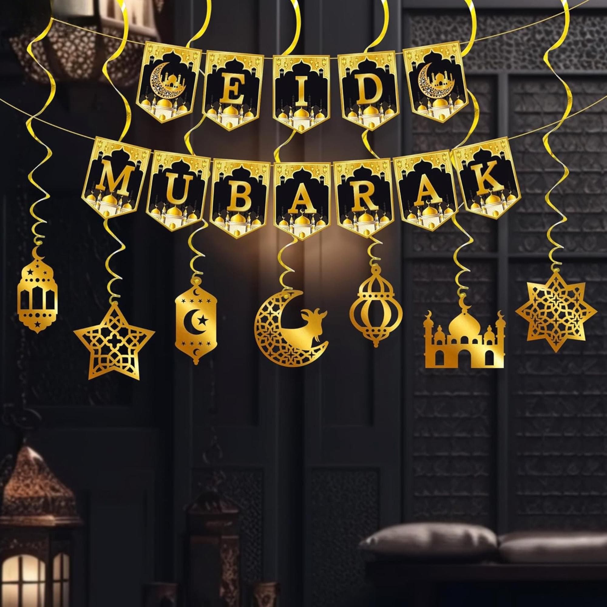 Gold Eid Mubarak Banner Hanging Swirls Islamic Home Party Decorations