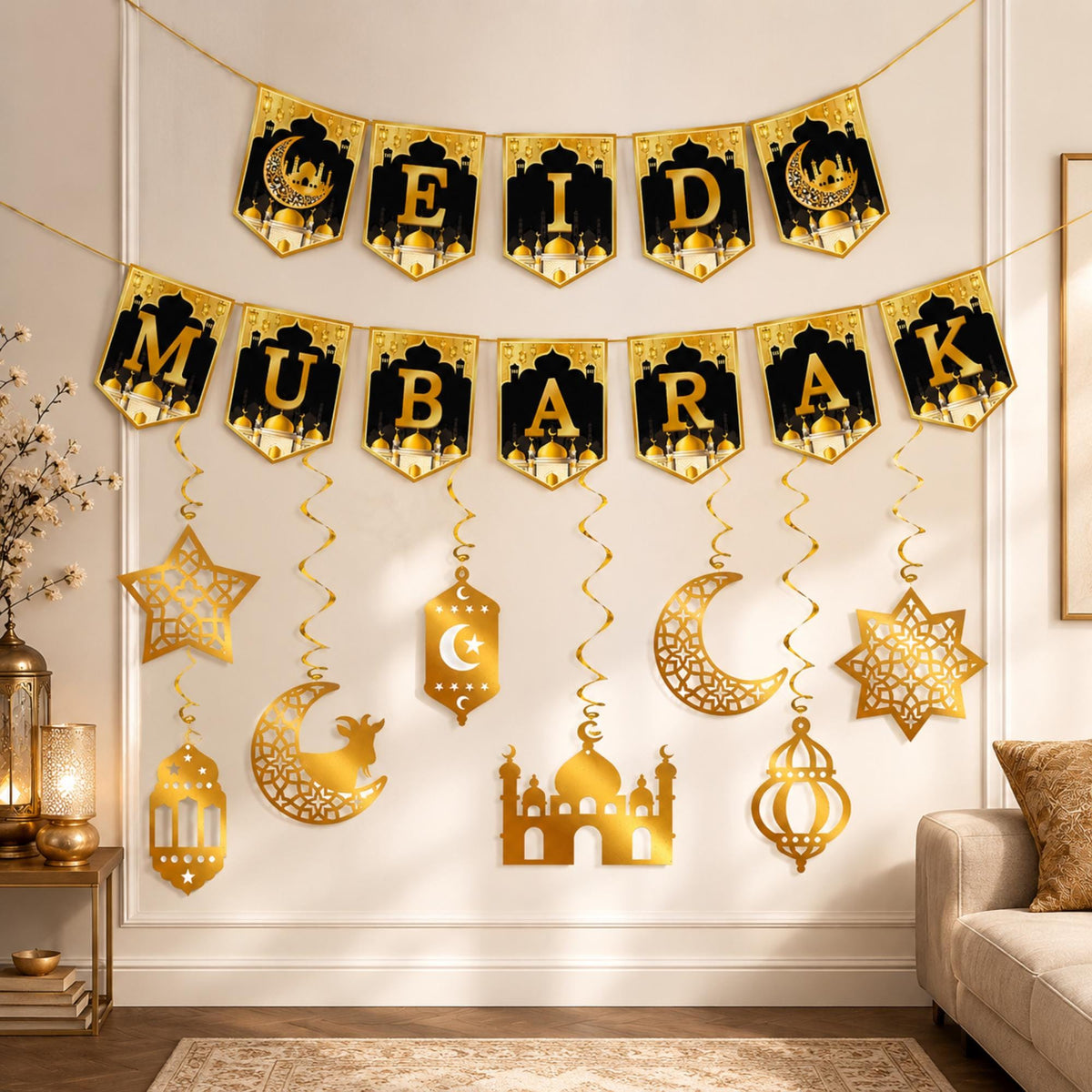 Gold Eid Mubarak Banner Hanging Swirls Islamic Home Party Decorations