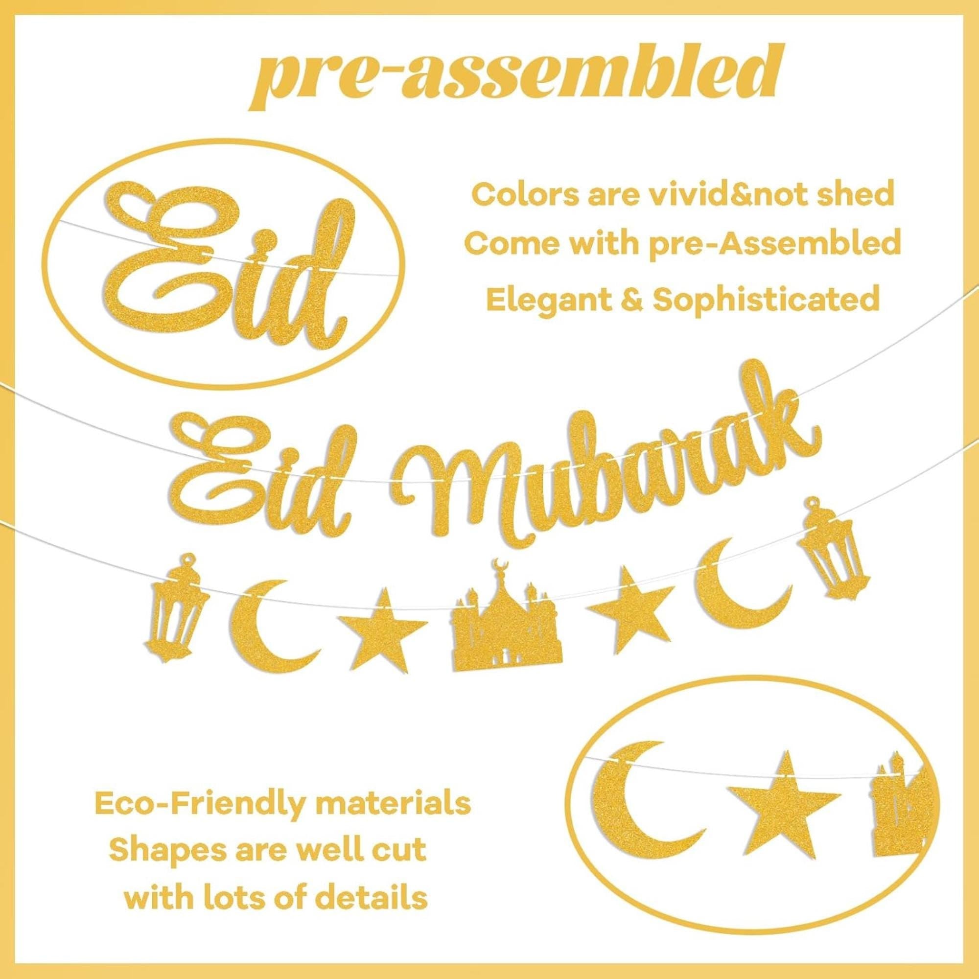 Gold Glitter Eid Mubarak Banner Moon Star Fireplace Party Decorations
