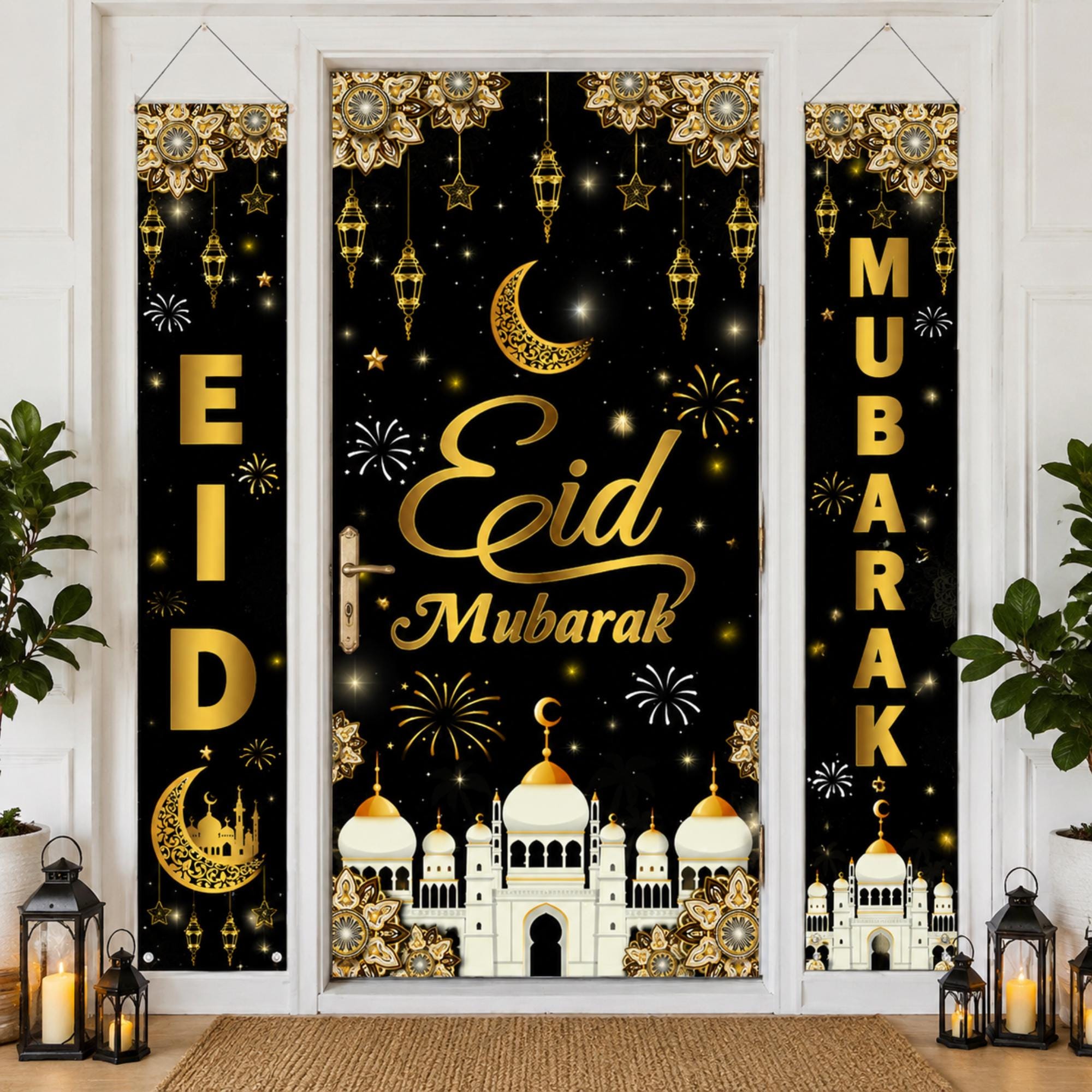 Black Eid Mubarak Porch Sign Banner Islamic Wall Hanging Decorations