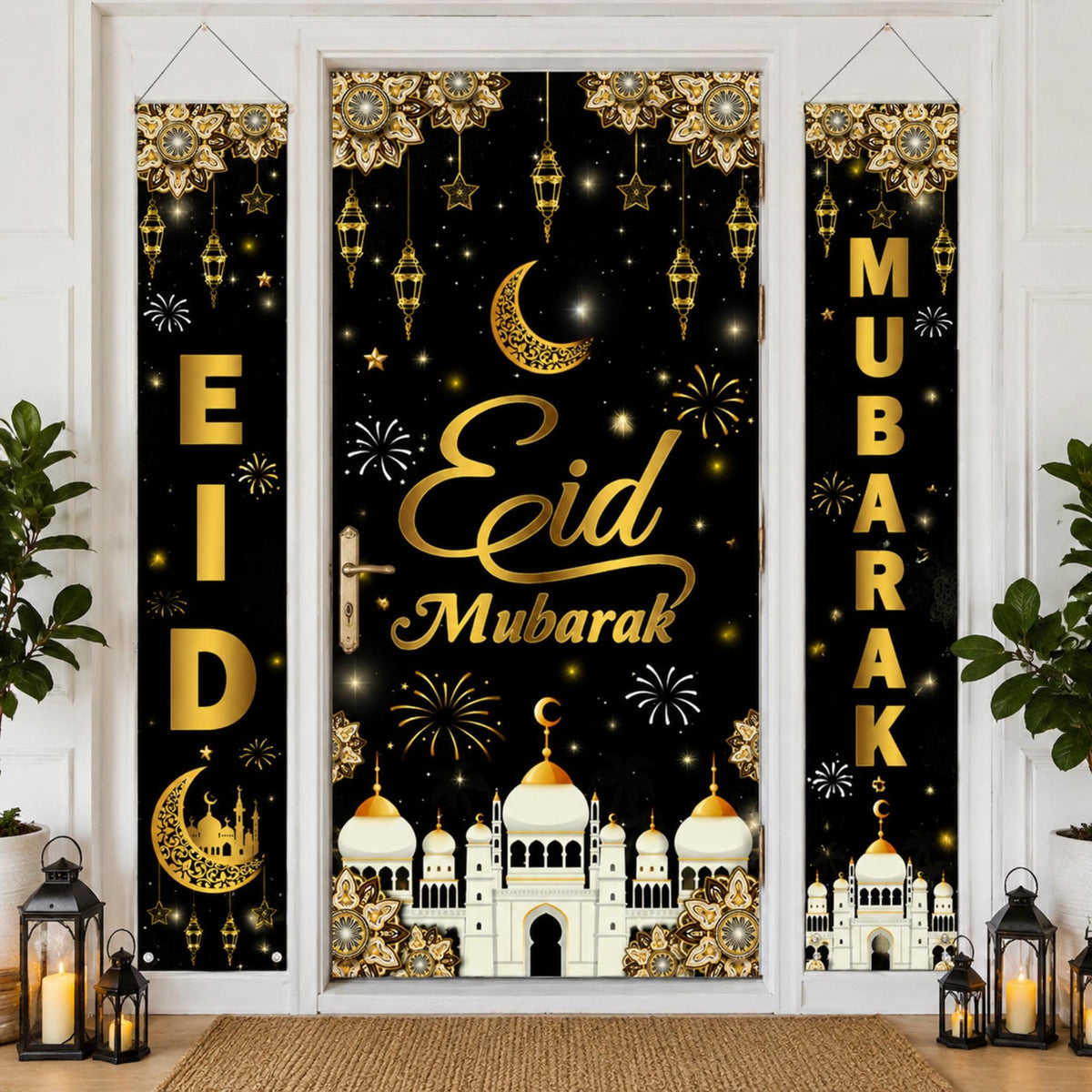 Black Eid Mubarak Porch Sign Banner Islamic Wall Hanging Decorations