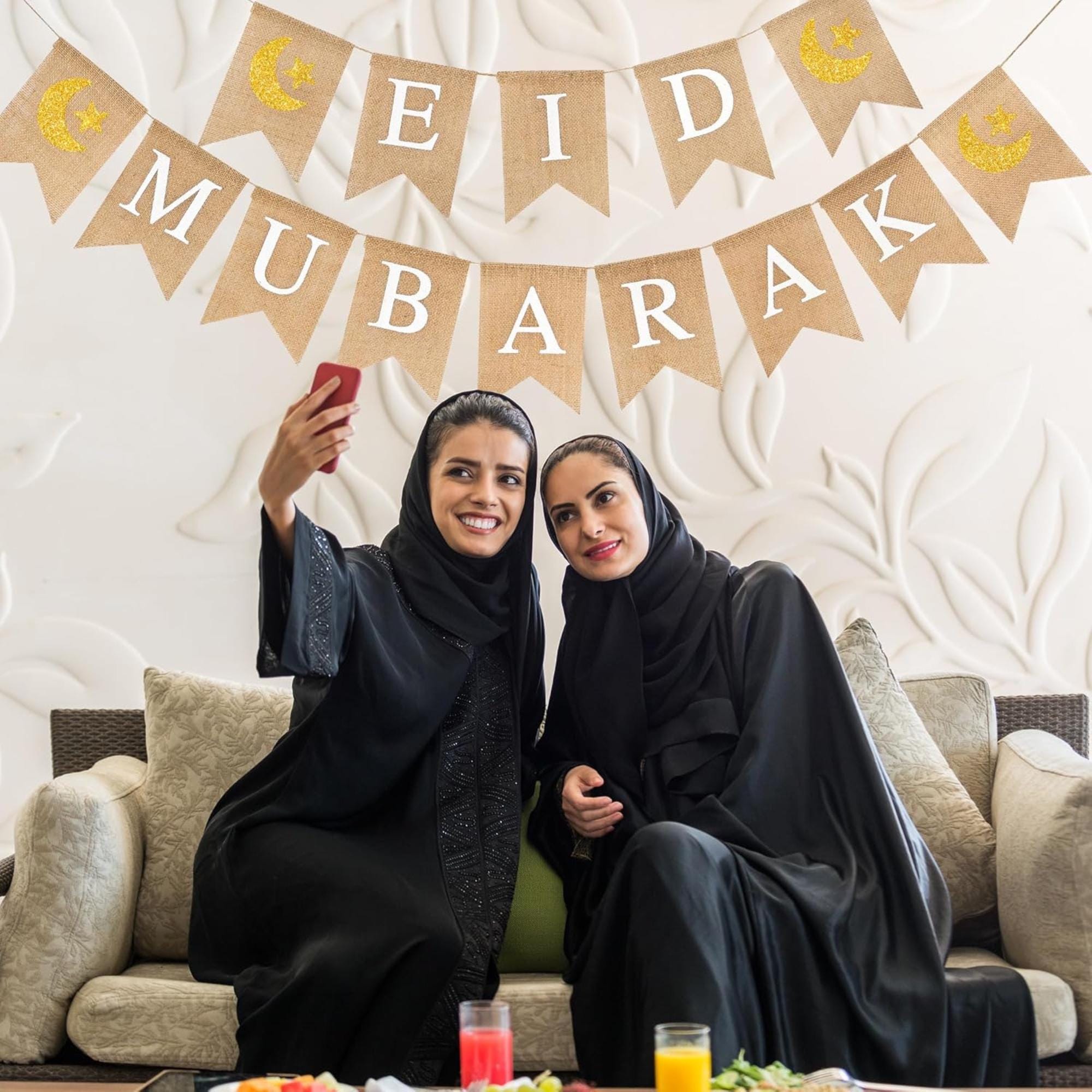 Eid Mubarak Burlap Banner  Moon Star Fireplace Decorations