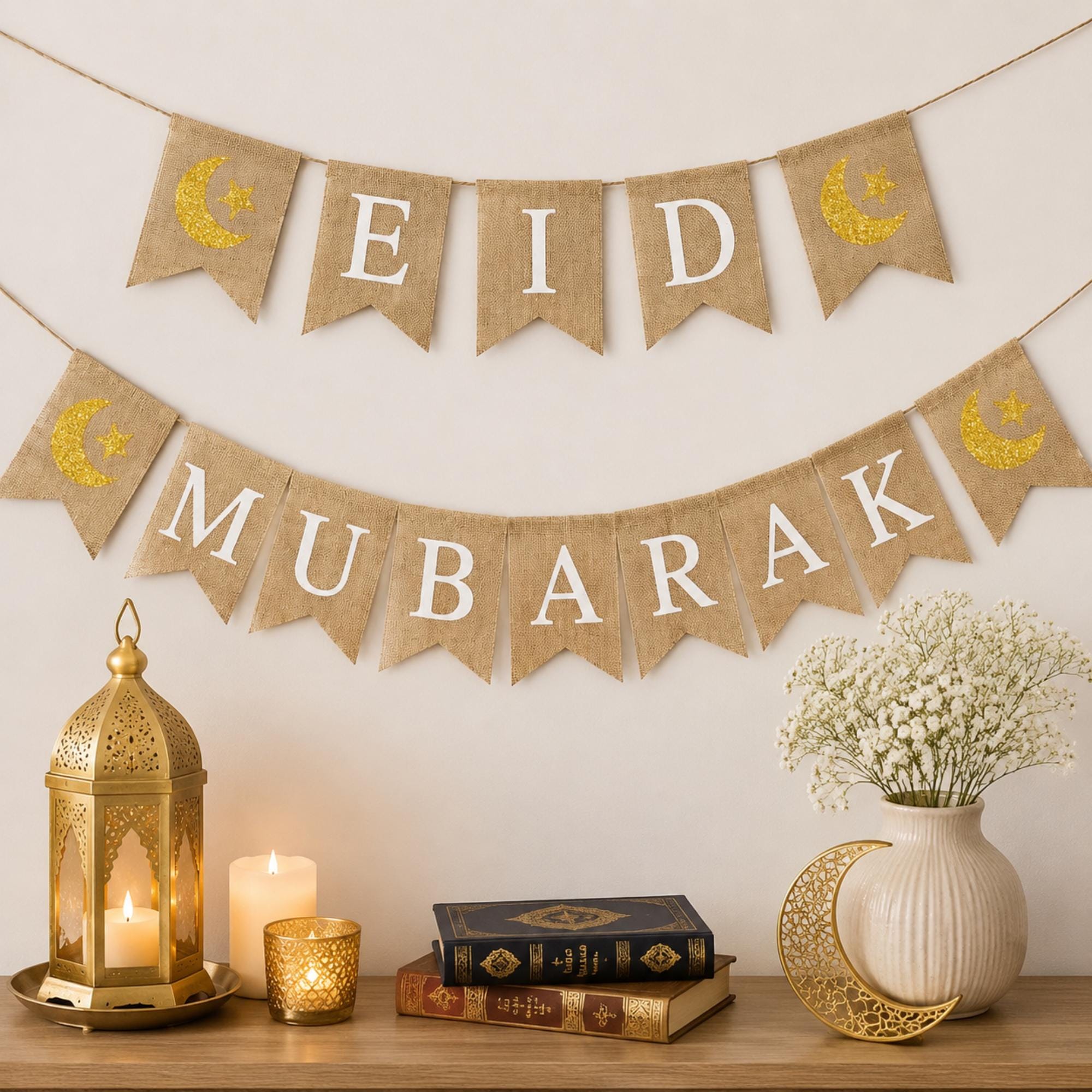 Eid Mubarak Burlap Banner  Moon Star Fireplace Decorations