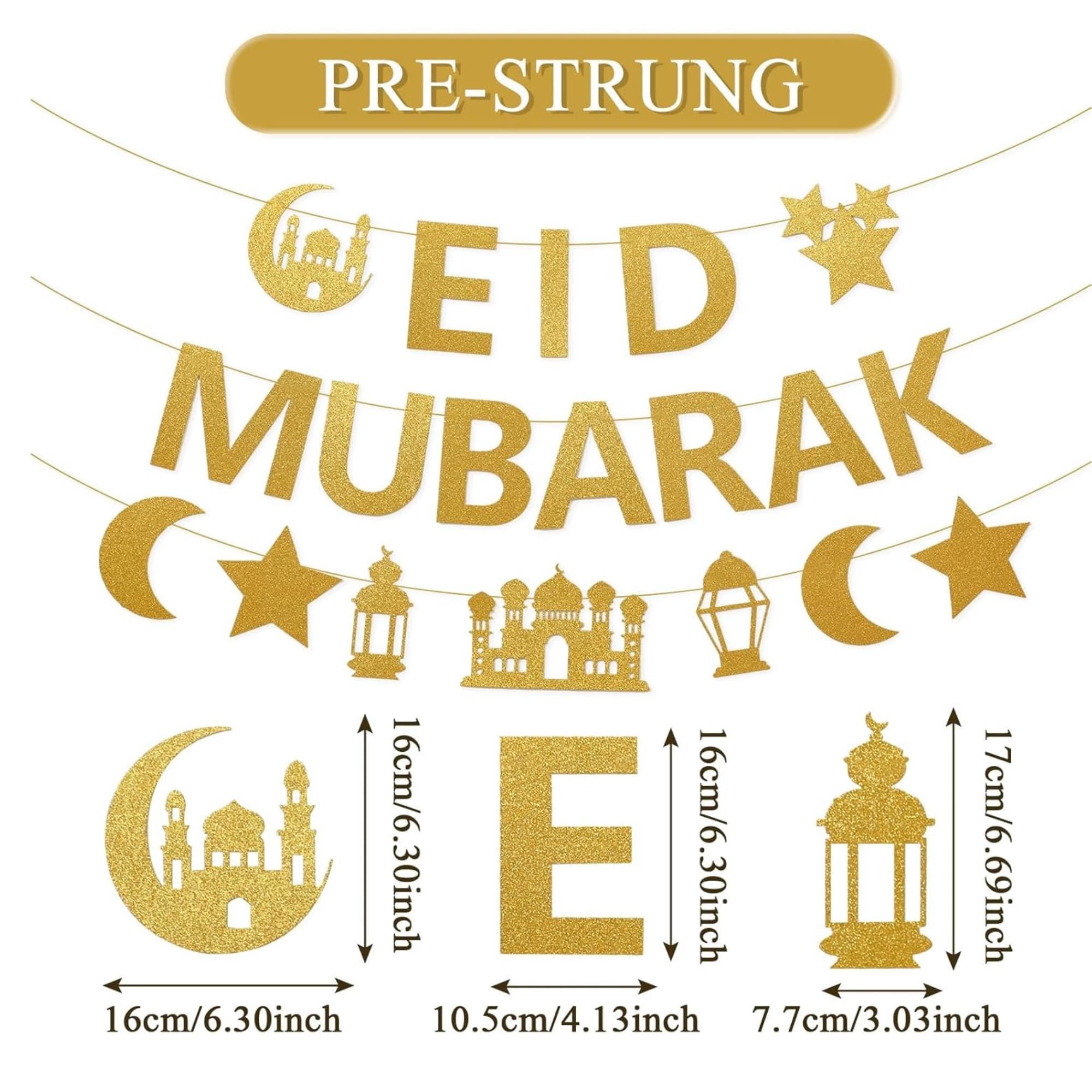 Gold Glitter Eid Mubarak Banner Moon Star Mosque Islamic Decorations