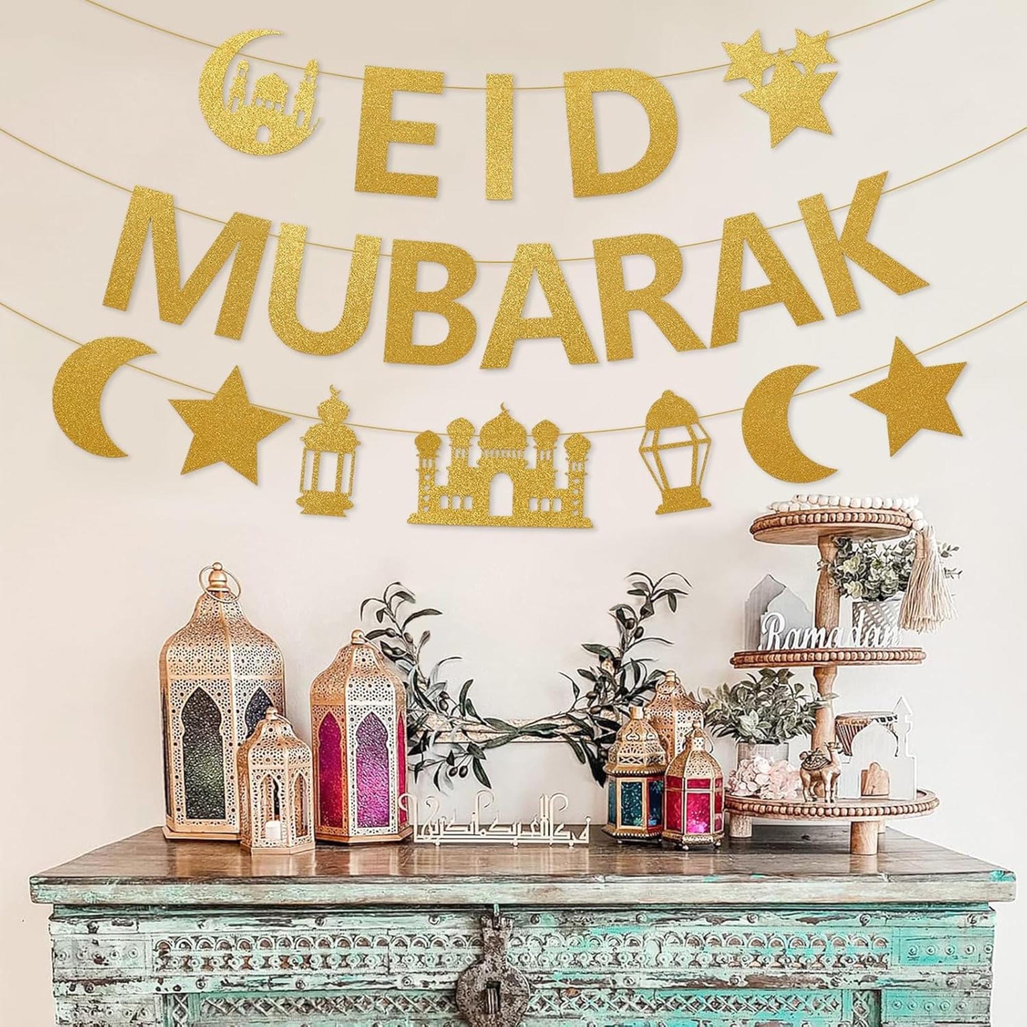 Gold Glitter Eid Mubarak Banner Moon Star Mosque Islamic Decorations