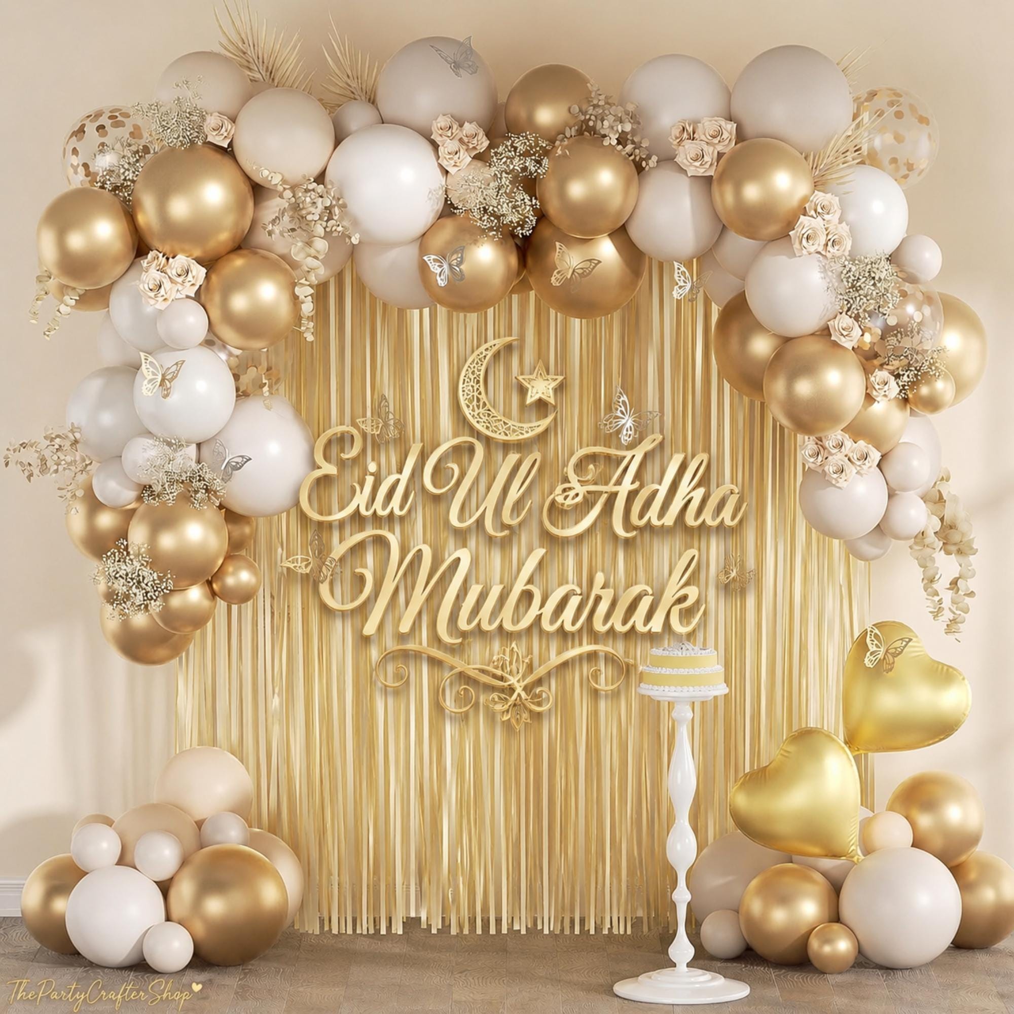 Eid ul Adha Balloon Arch Kit | Sand White Gold Confetti Fringe Curtain Backdrop