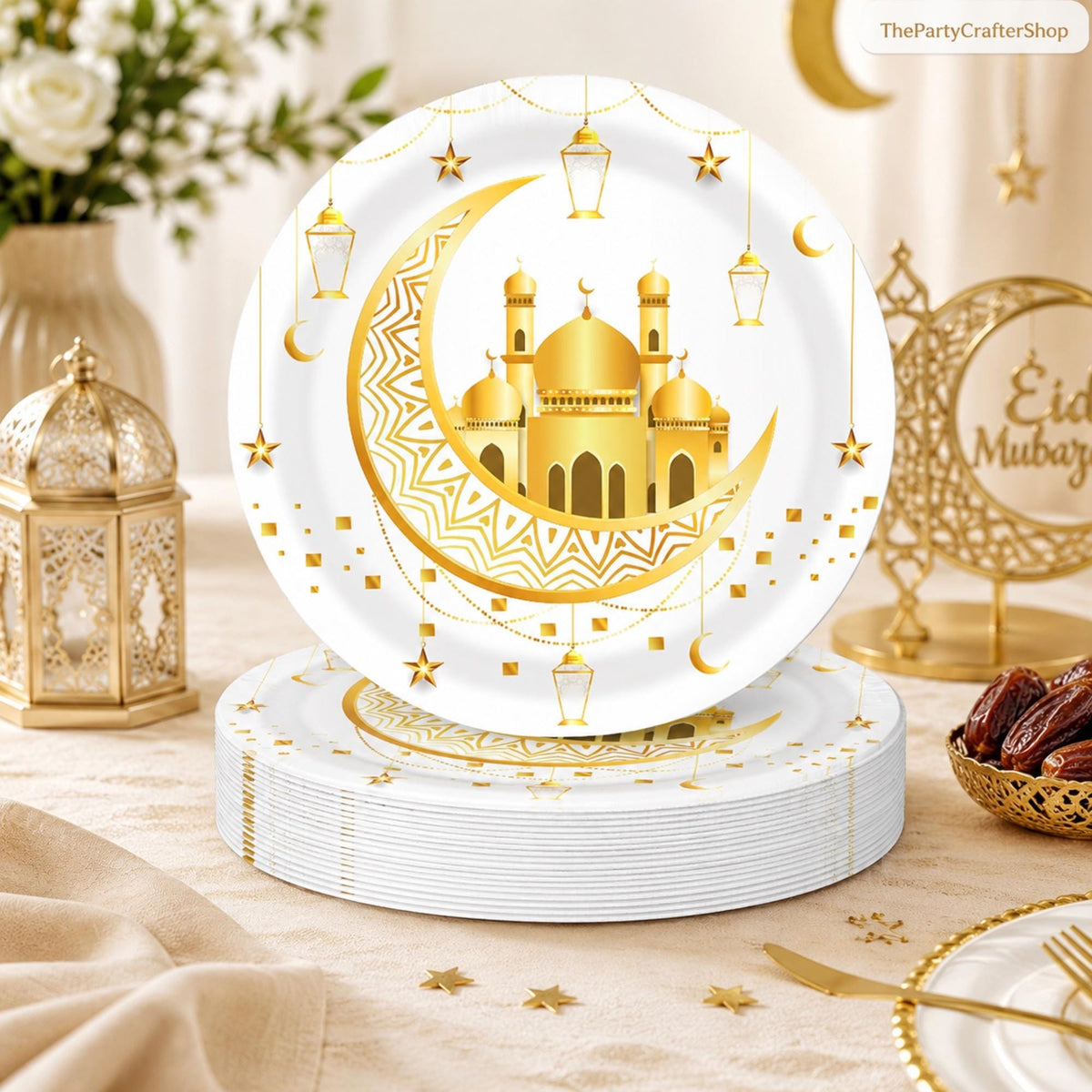 Eid Mubarak Paper Plates | Gold Moon Mosque Design, Disposable Party Supplies