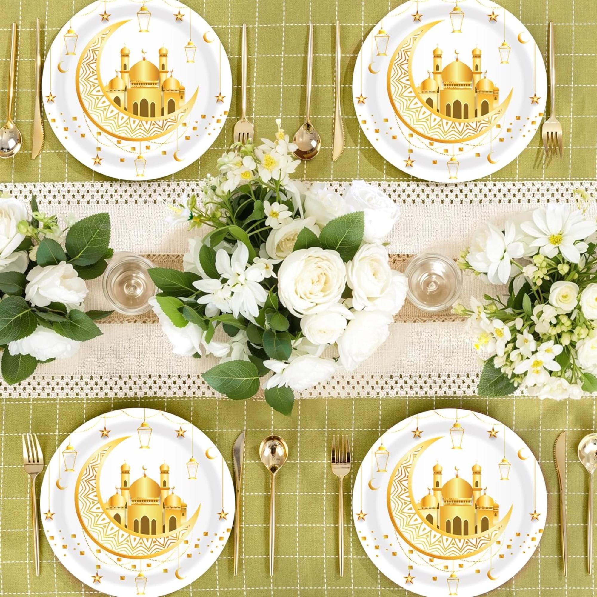 Eid Mubarak Paper Plates | Gold Moon Mosque Design, Disposable Party Supplies