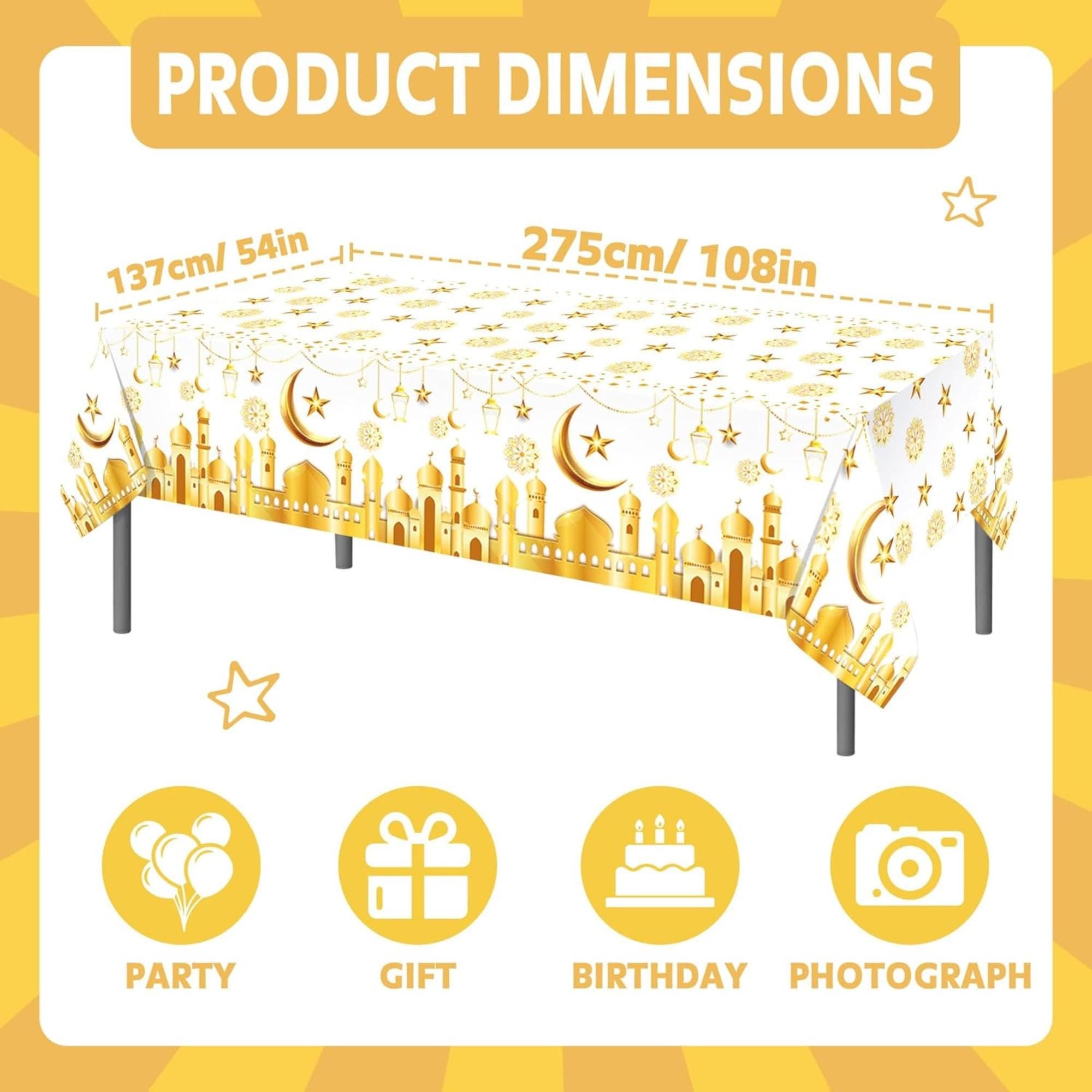 Eid Mubarak Tablecloth Set | Gold Crescent Moon Mosque Design (2 Pcs, 54x108 Inch)