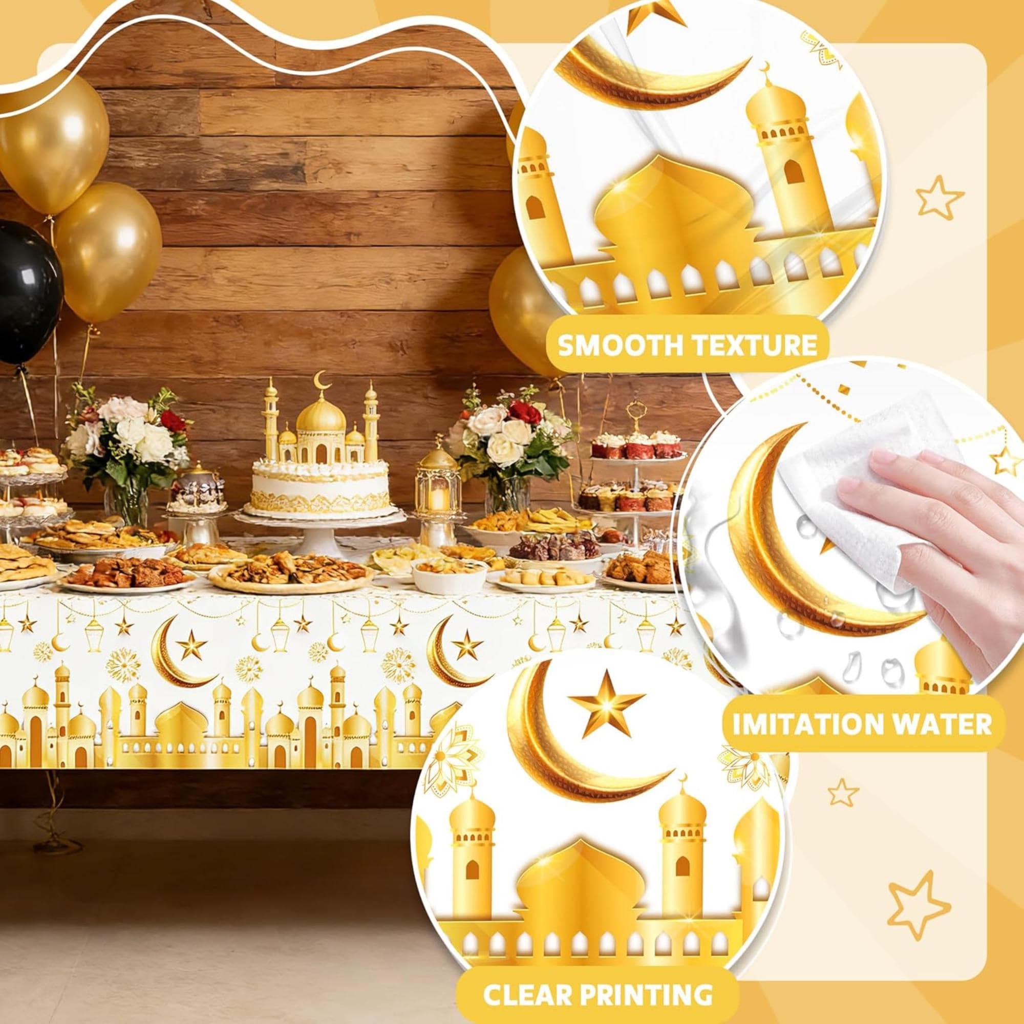 Eid Mubarak Tablecloth Set | Gold Crescent Moon Mosque Design (2 Pcs, 54x108 Inch)