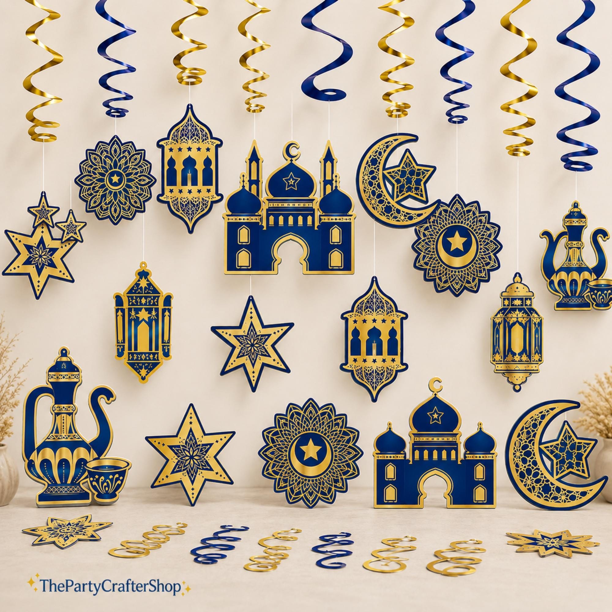 Eid Mubarak Hanging Swirls | Blue Gold Moon Star Islamic Party Decorations (15 Pack)