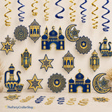 Eid Mubarak Hanging Swirls | Blue Gold Moon Star Islamic Party Decorations (15 Pack)