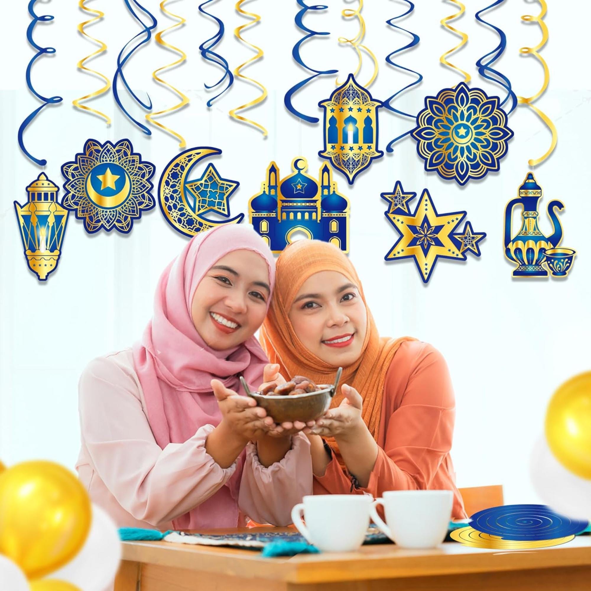Eid Mubarak Hanging Swirls | Blue Gold Moon Star Islamic Party Decorations (15 Pack)