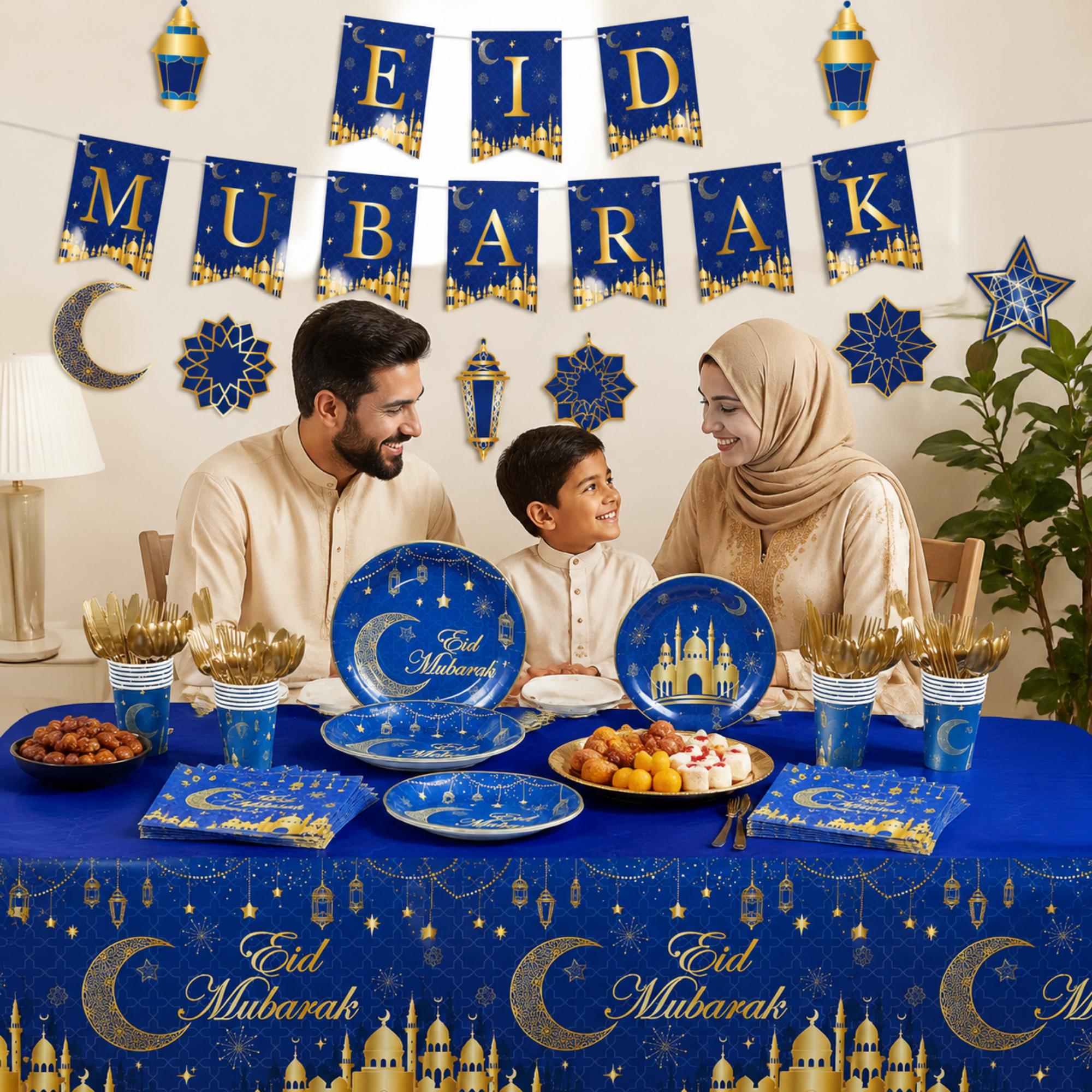 Eid Mubarak Party Supplies Set Plates Cups Banner Islamic Decorations