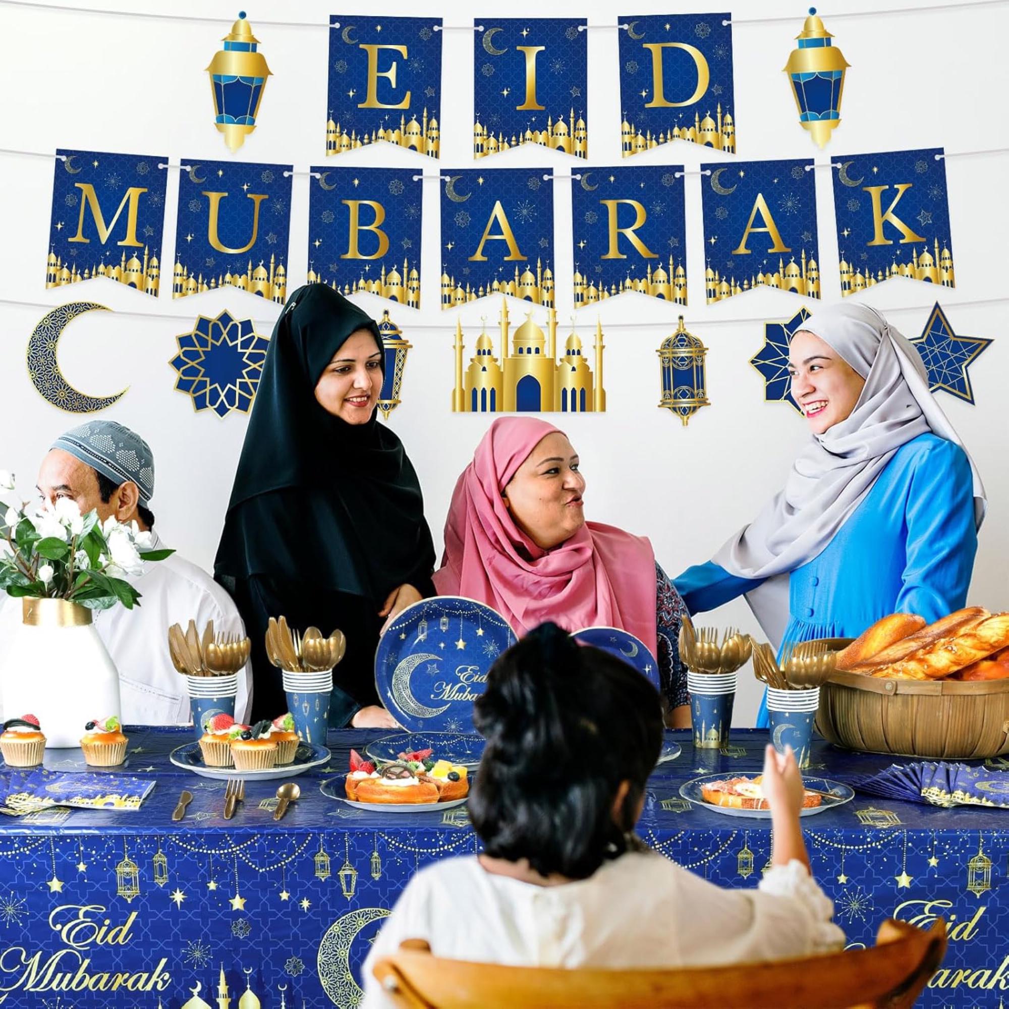 Eid Mubarak Party Supplies Set Plates Cups Banner Islamic Decorations