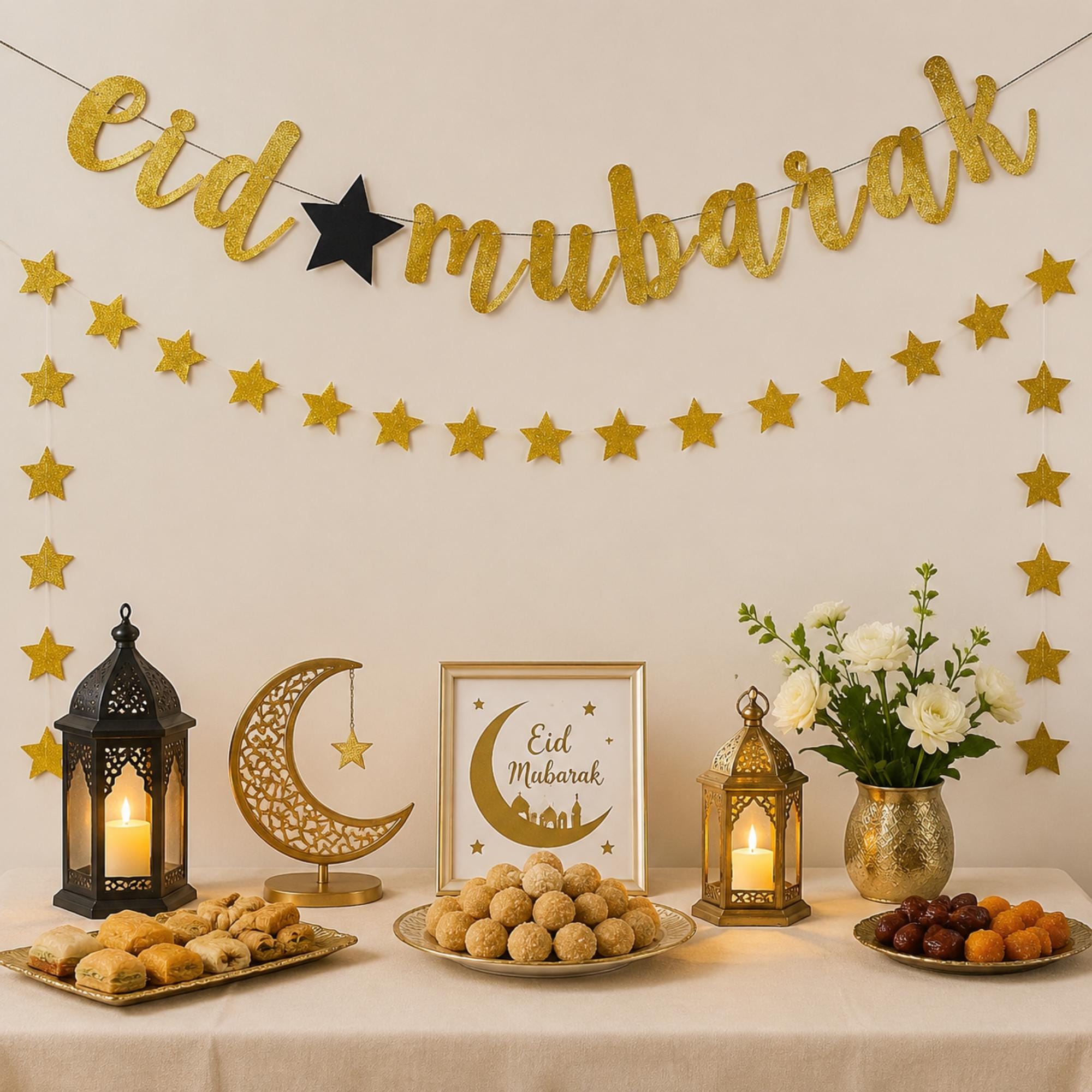 Gold Eid Mubarak Banner with Star Garland - Islamic Party Decor