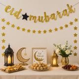 Gold Eid Mubarak Banner with Star Garland - Islamic Party Decor