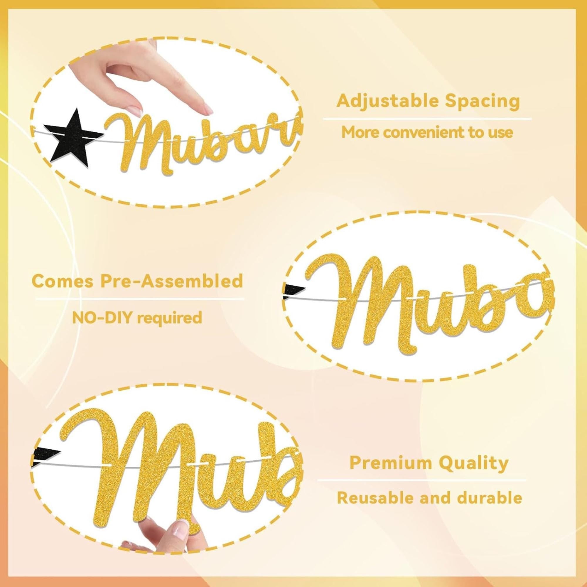 Gold Glitter Eid Mubarak Banner for Party Decorations, Islamic Home Decor