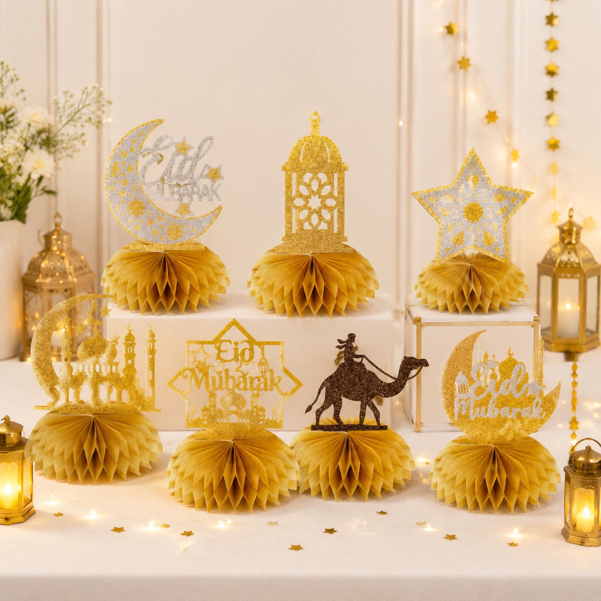 Eid Mubarak Honeycomb Centerpiece Decorations: Gold Glitter Islamic Party Table Decor