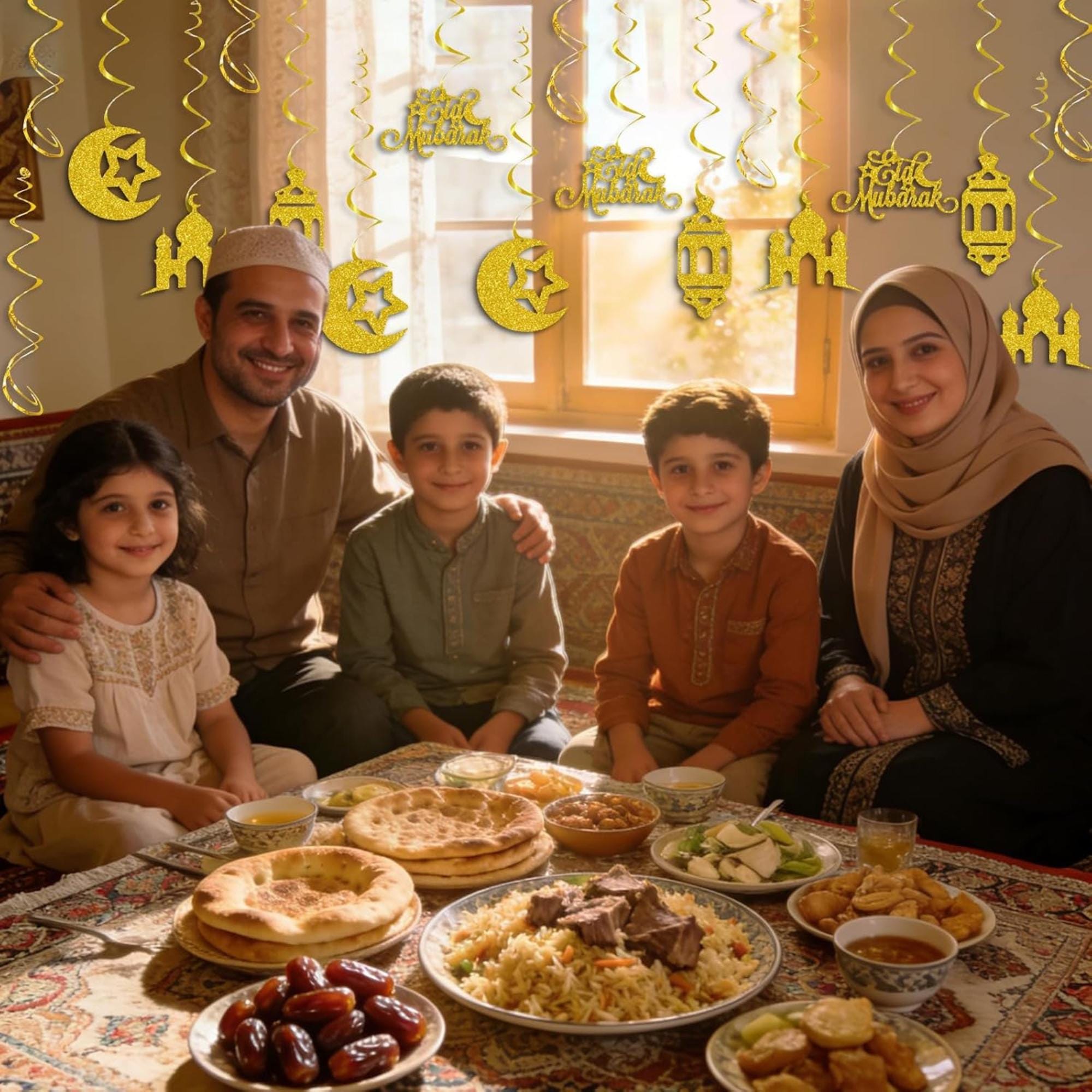 Gold Glitter Eid Mubarak Hanging Swirls: Star, Moon, Lantern Islamic Party Decor