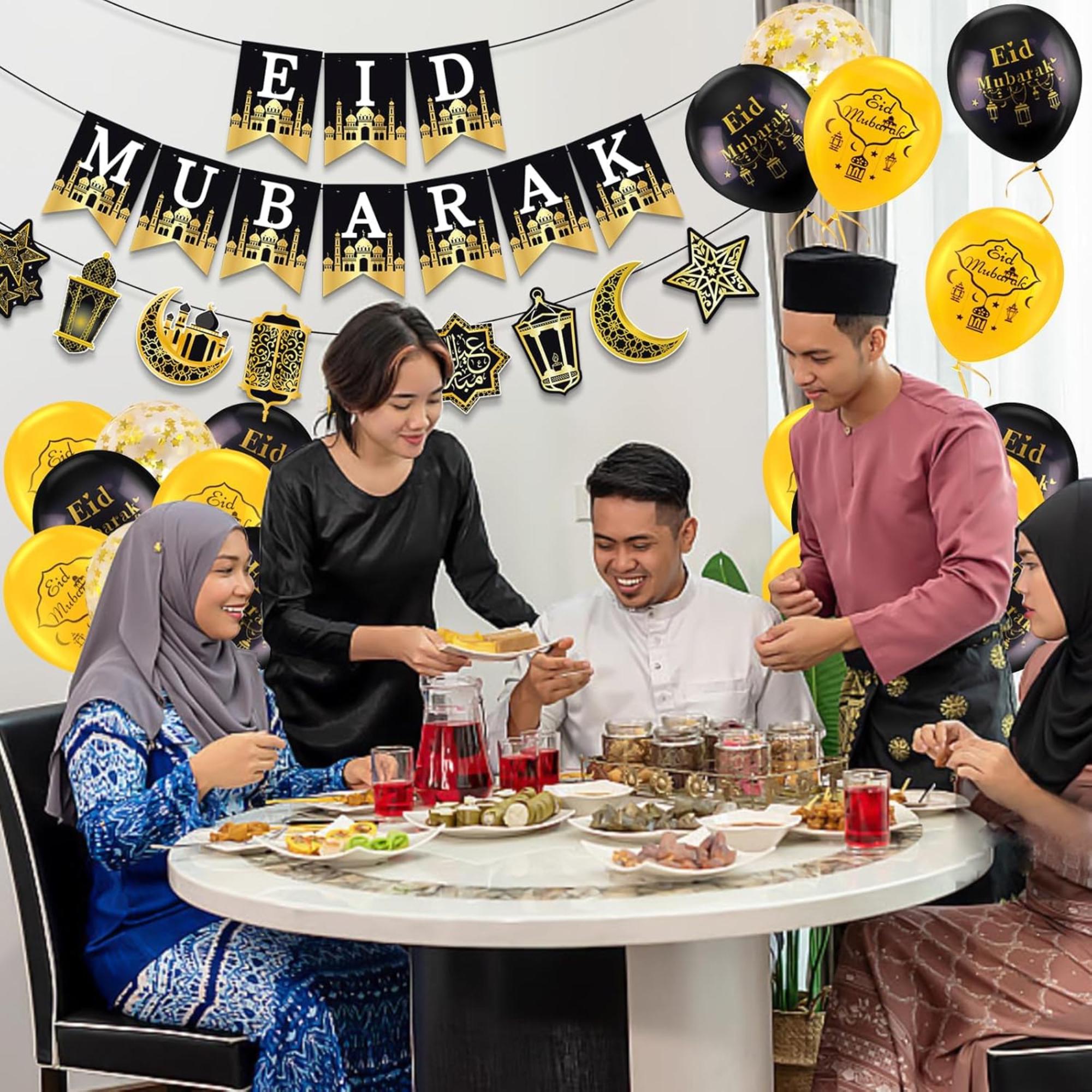 Eid Mubarak Black Gold Balloons – 12 Inch Latex Party Decorations