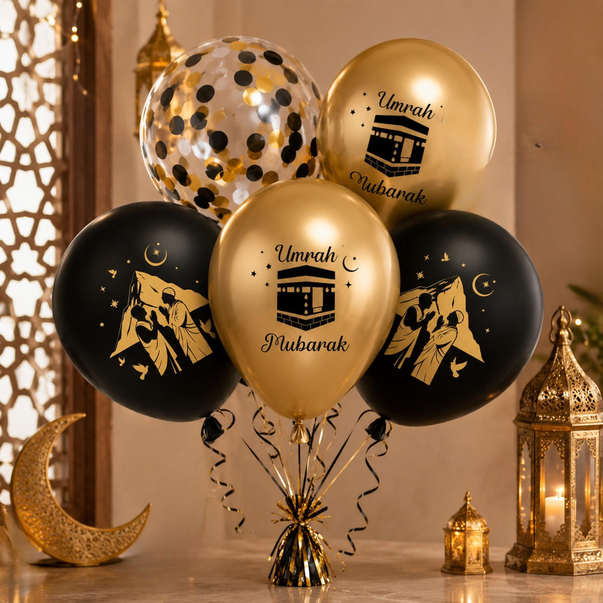 Umrah Mubarak Black Gold Balloons, Islamic Party Decorations, Hajj Celebration Latex Balloons