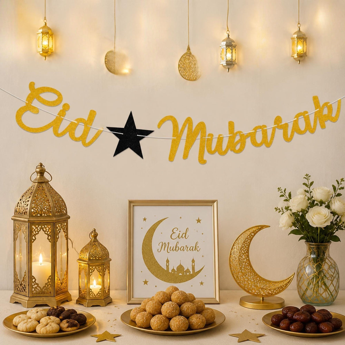 Gold Glitter Eid Mubarak Banner for Party Decorations, Islamic Home Decor