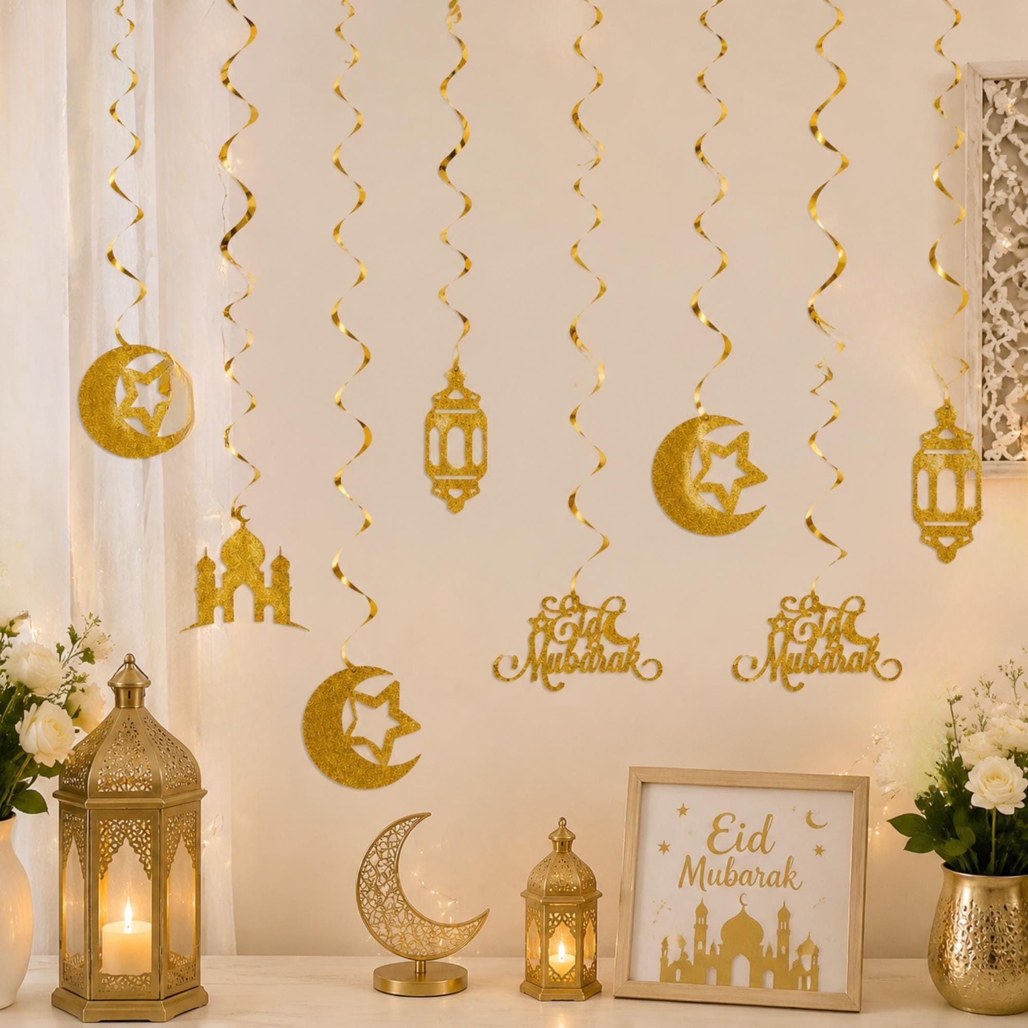 Gold Glitter Eid Mubarak Hanging Swirls: Star, Moon, Lantern Islamic Party Decor