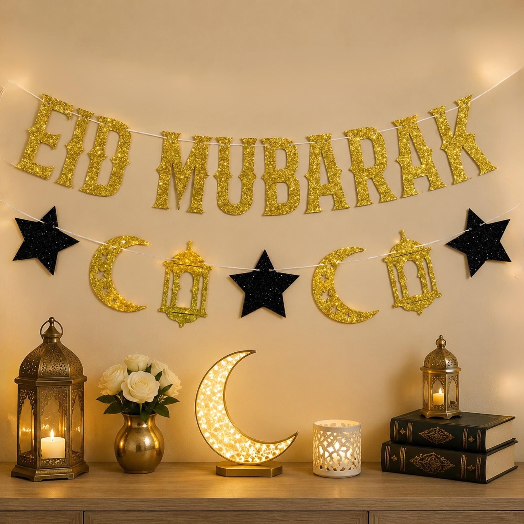 Gold Black Eid Mubarak Banner Islamic Eid Al Adha Party Decorations